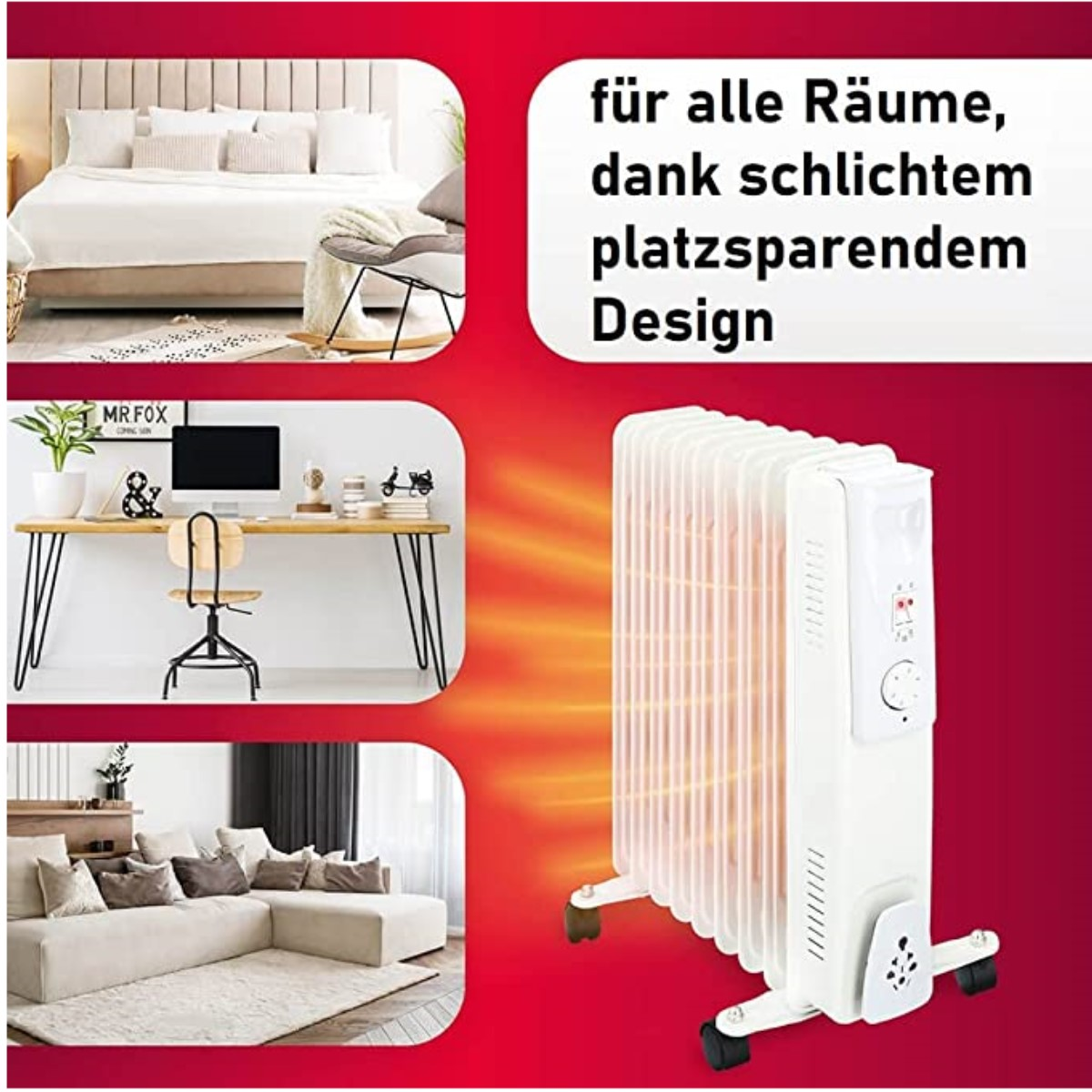 Ein elektrischer Heizkörper mit Bildern von Räumen. Text auf Deutsch.