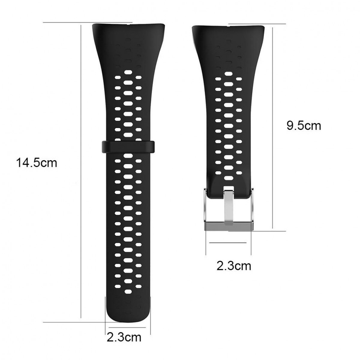 Zwei schwarze Uhrenarmbänder mit Maßen, eines mit Löchern, das andere mit einem Verschluss.