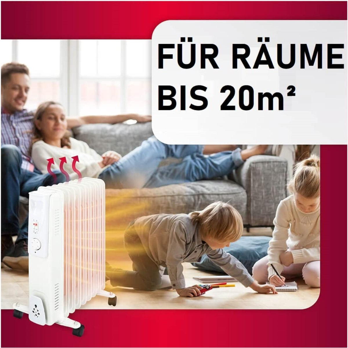 Eine Familie sitzt in der Nähe eines weißen Heizkörpers. Der Text lautet: FÜR RÄUME BIS 20 m².