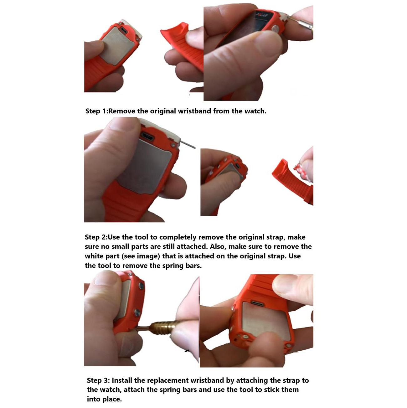 Schritt-für-Schritt-Anleitung zum Wechseln des Uhrenarmbands, mit Werkzeugen zum Entfernen und Installieren.