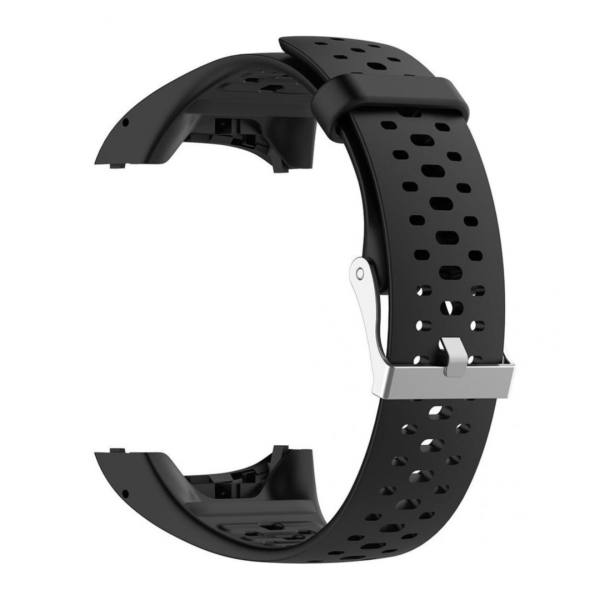 Ein schwarzes, perforiertes Silikon-Uhrenarmband mit silberner Schnalle, unbefestigt und flach auf weißer Oberfläche.