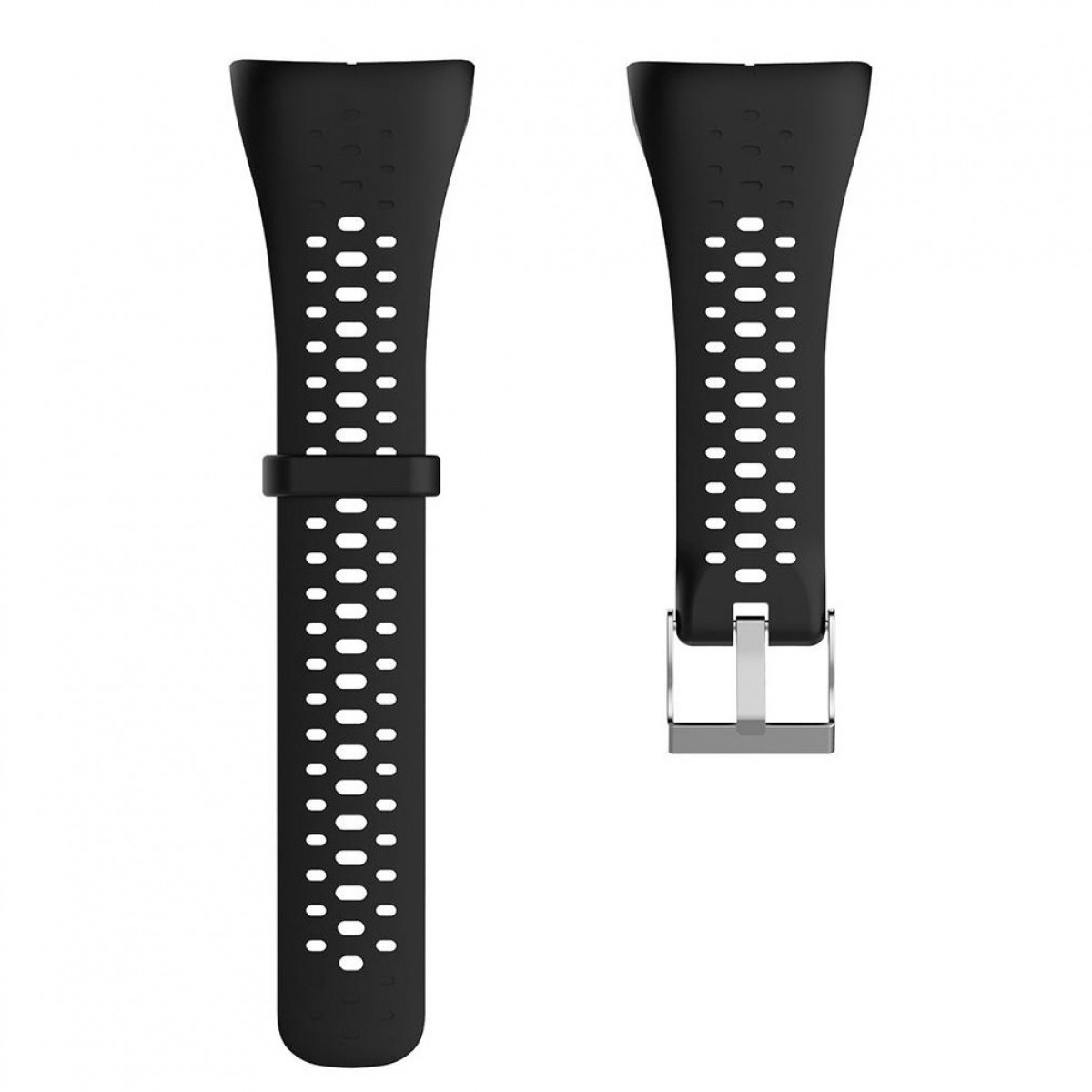 Zwei schwarze Uhrenarmbänder mit Löchern und silberner Schnalle auf weißem Grund.