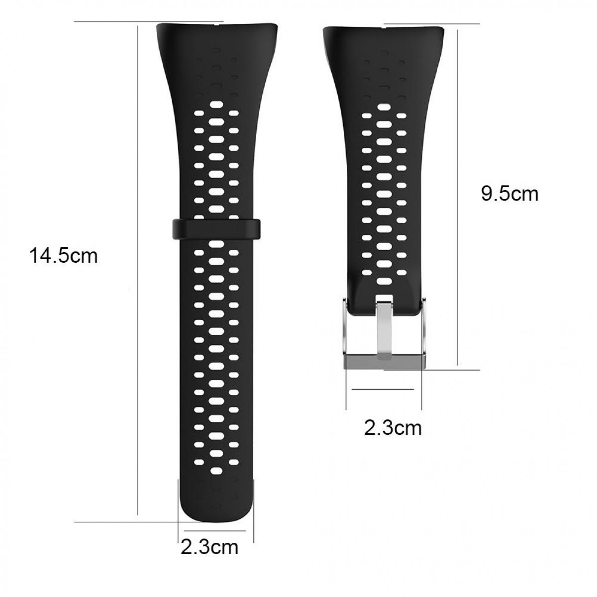 Zwei schwarze Uhrenarmbänder mit Maßen. Eines zeigt 14,5 cm Länge, das andere 9,5 cm Länge.