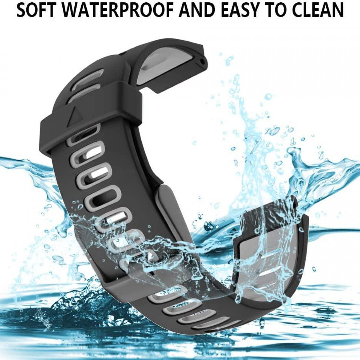 Czarny i szary pasek do zegarka z rozpryskiem wody. Białe tło.