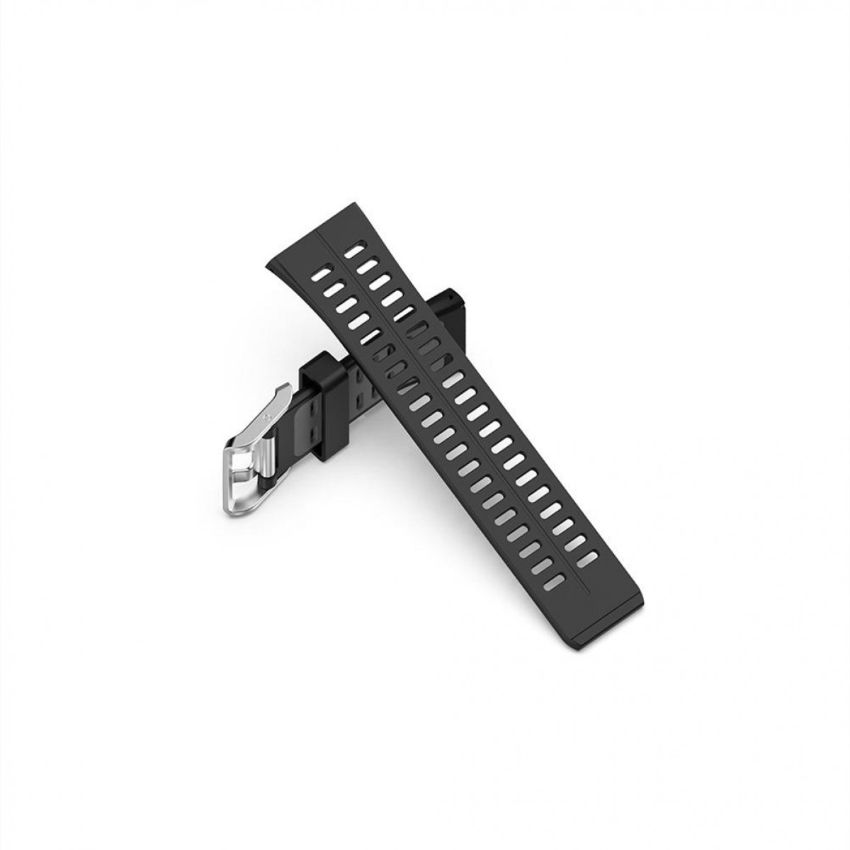 Czarny pasek do zegarka z metalowym zapięciem. Posiada wiele otworów do regulacji. Białe tło.