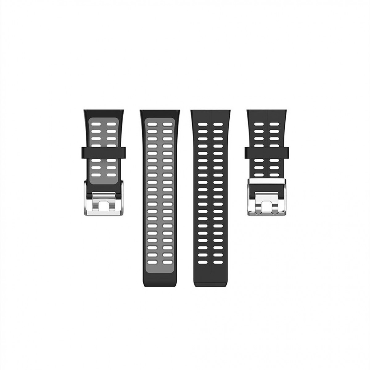 Cztery czarne paski do zegarków, o różnych długościach. Mają otwory i metalowe zapięcia. Białe tło.