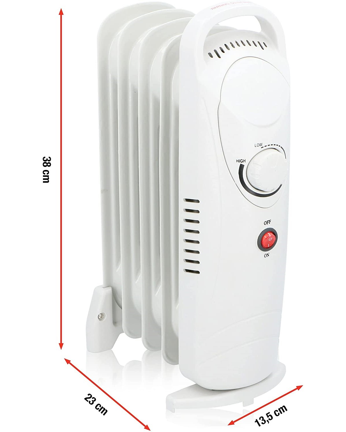 Weißer Ölradiator mit Abmessungen. High/Low-Einstellungen und Ein/Aus-Schalter.