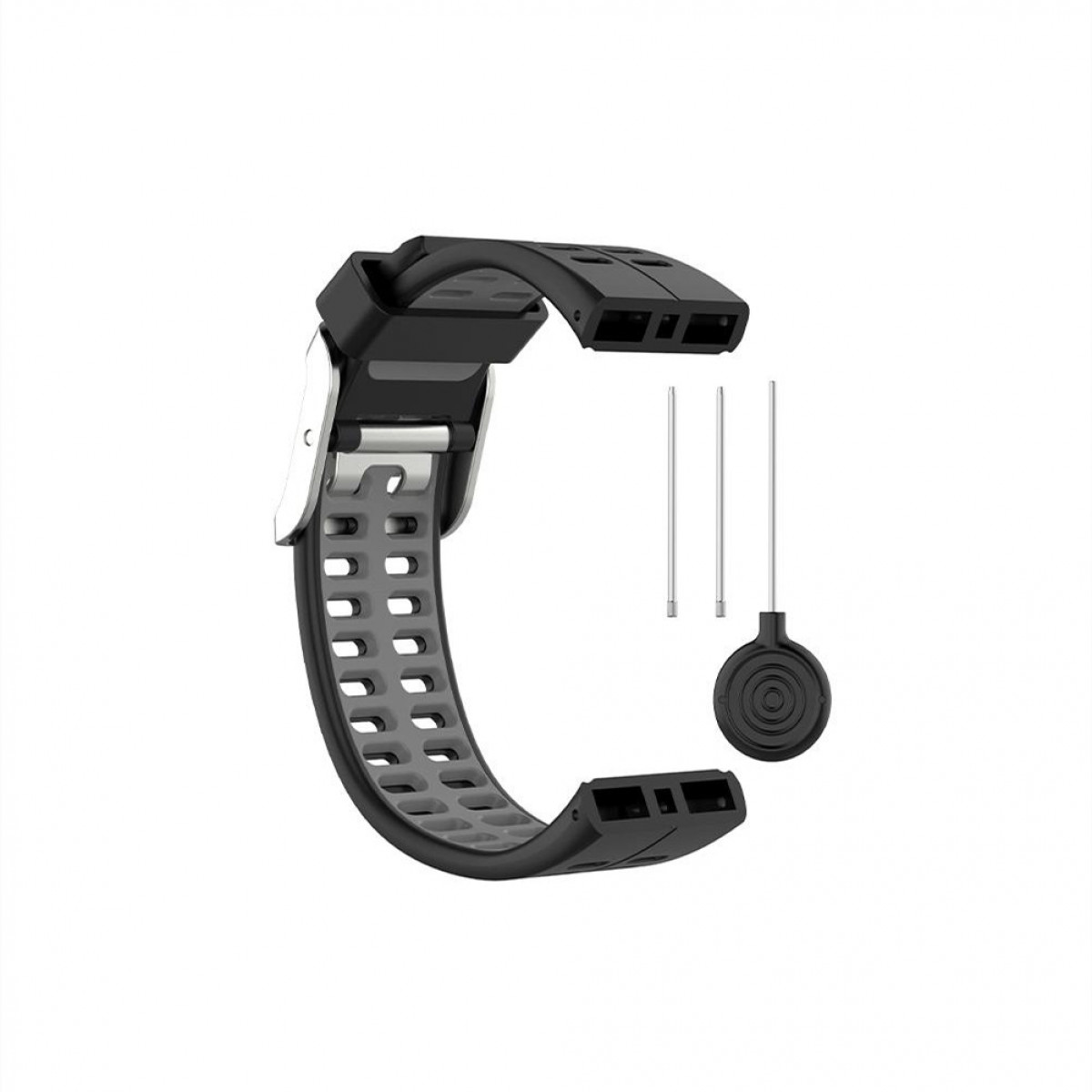 Czarny pasek do zegarka z dwoma szpilkami i narzędziem. Białe tło.