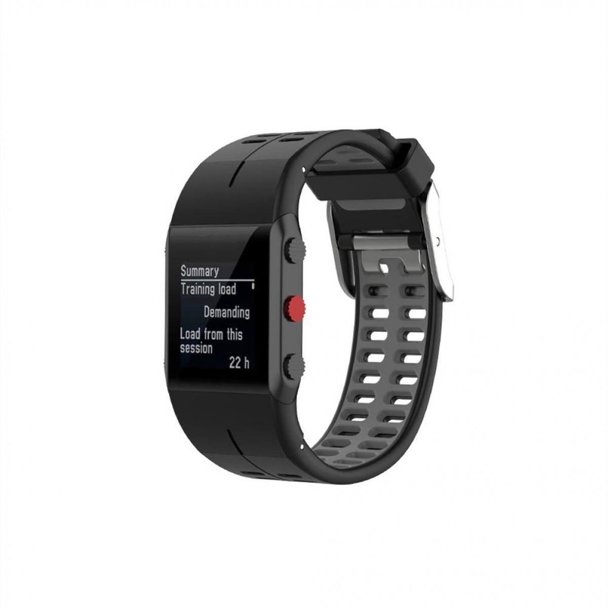 Czarny smartwatch z wyświetlaczem pokazującym dane treningu. Wyświetlacz pokazuje czas, tętno i inne dane.