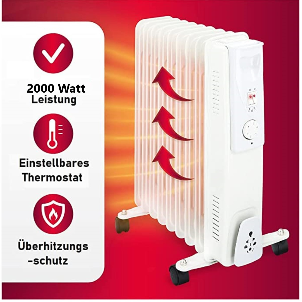 Ein weißer Heizlüfter mit roten Pfeilen, die den Luftstrom zeigen, und Icons für Wattzahl, Thermostat und Überhitzungsschutz.