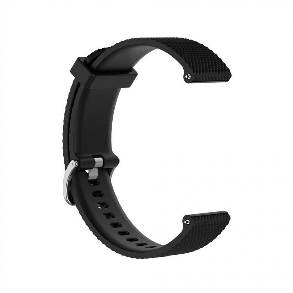 Schwarzes C-förmiges Uhrenarmband mit Schnalle. Das Band hat eine strukturierte Oberfläche.