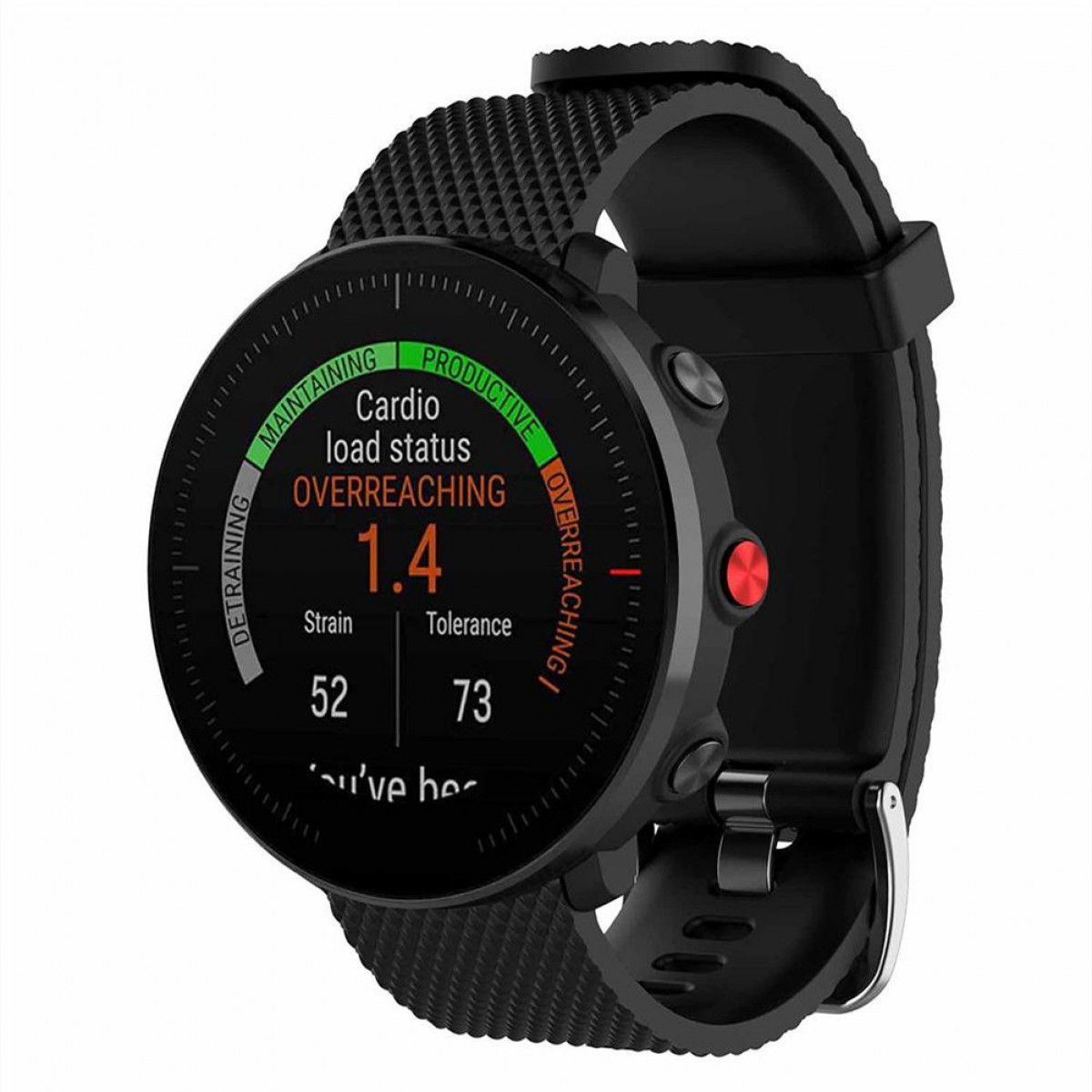 Schwarze Smartwatch mit rundem Display, das Fitnessdaten anzeigt: Belastung, Toleranz und Cardio-Belastungsstatus.