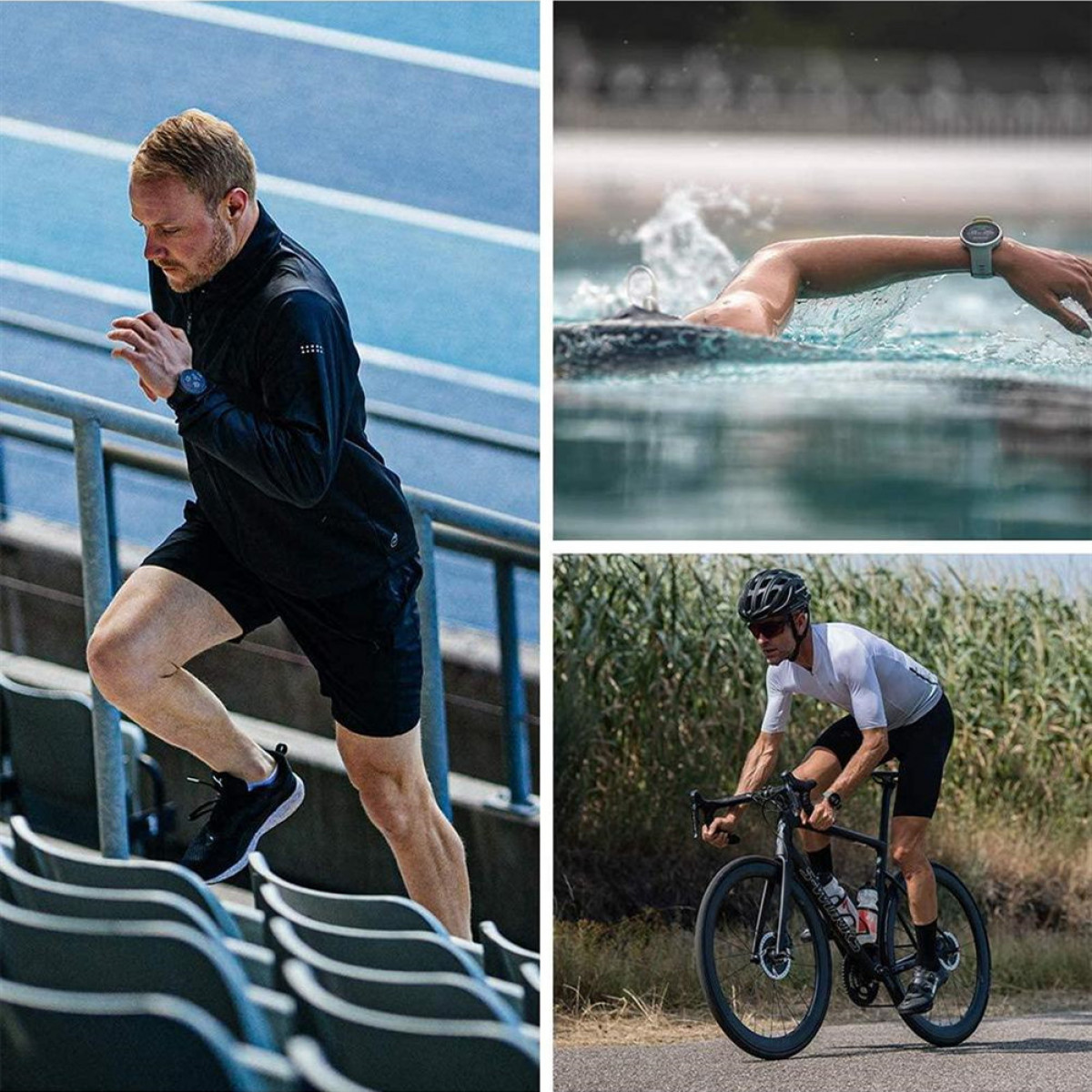 Ein Mann, der eine Tribüne hochläuft, ein anderer, der schwimmt, und ein weiterer, der Rad fährt. Alle drei tragen Smartwatches.