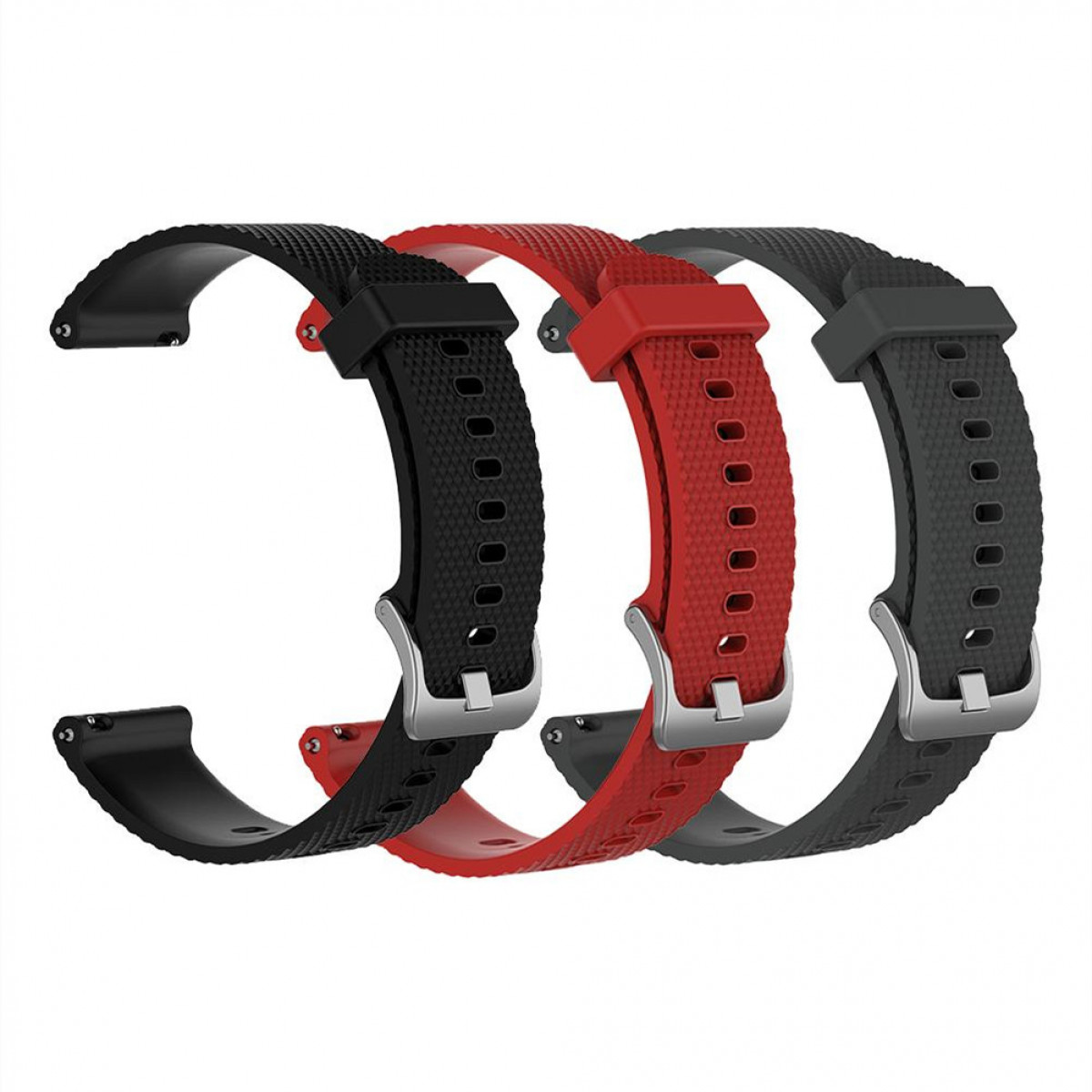 Drei Uhrenarmbänder: eines schwarz, eines rot und eines grau. Alle haben silberne Schnallen.