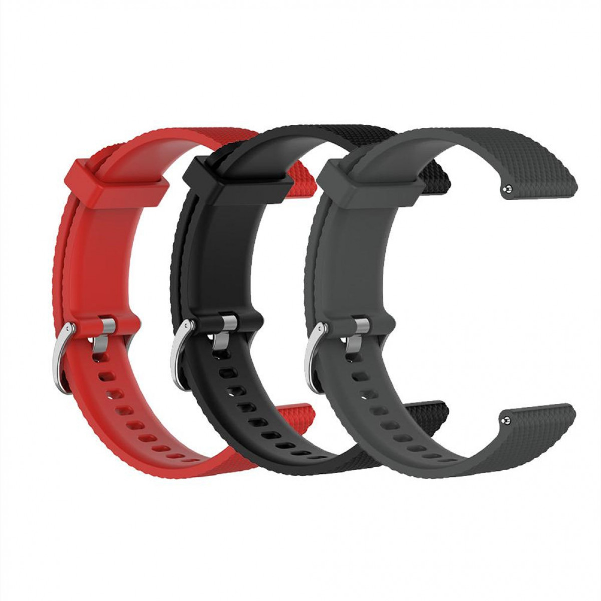 Drei Uhrenarmbänder: rot, schwarz und grau. Sie sind gebogen, mit silbernen Schnallen und Befestigungspunkten.