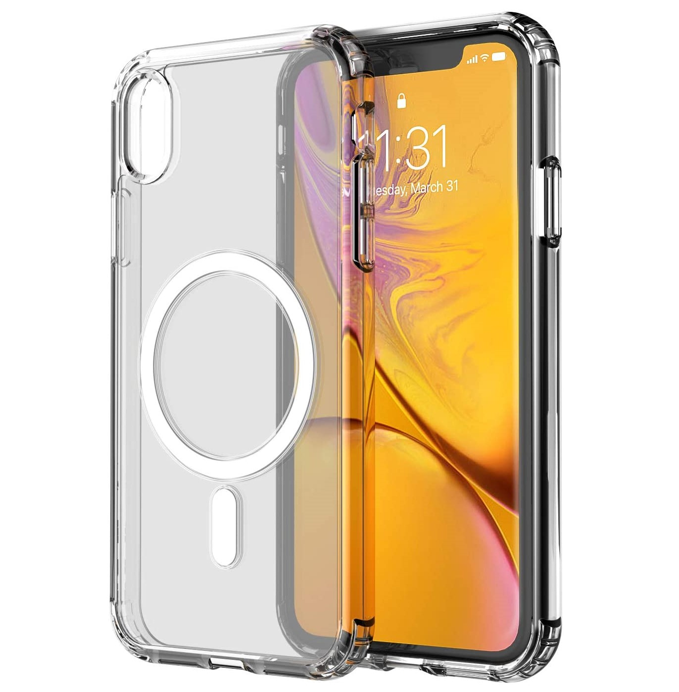 Transparente Handyhülle mit weißem Kreis auf der Rückseite. Telefon im Inneren. Gelb-oranger Bildschirm.