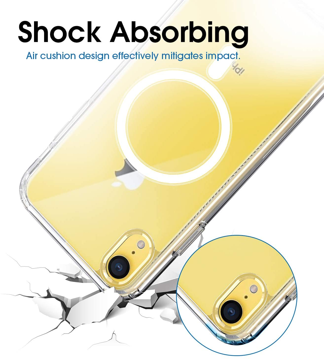 Transparente Handyhülle mit gelbem Telefon, weißem Kreis und gerissener Oberfläche.
