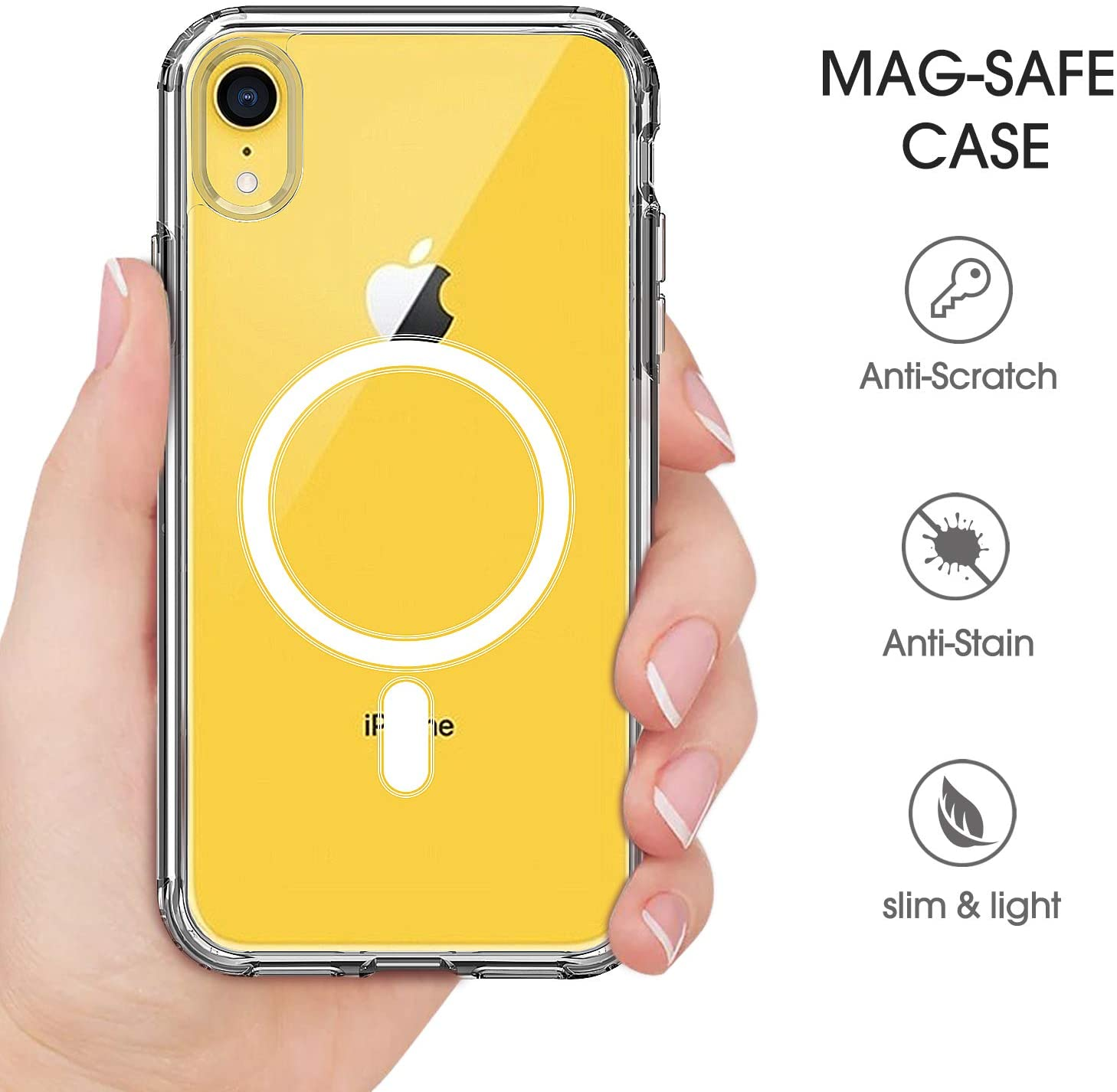 Hand hält gelbes iPhone XR in klarer Mag-Safe-Hülle. Text erklärt kratzfest, fleckenabweisend und schlank.