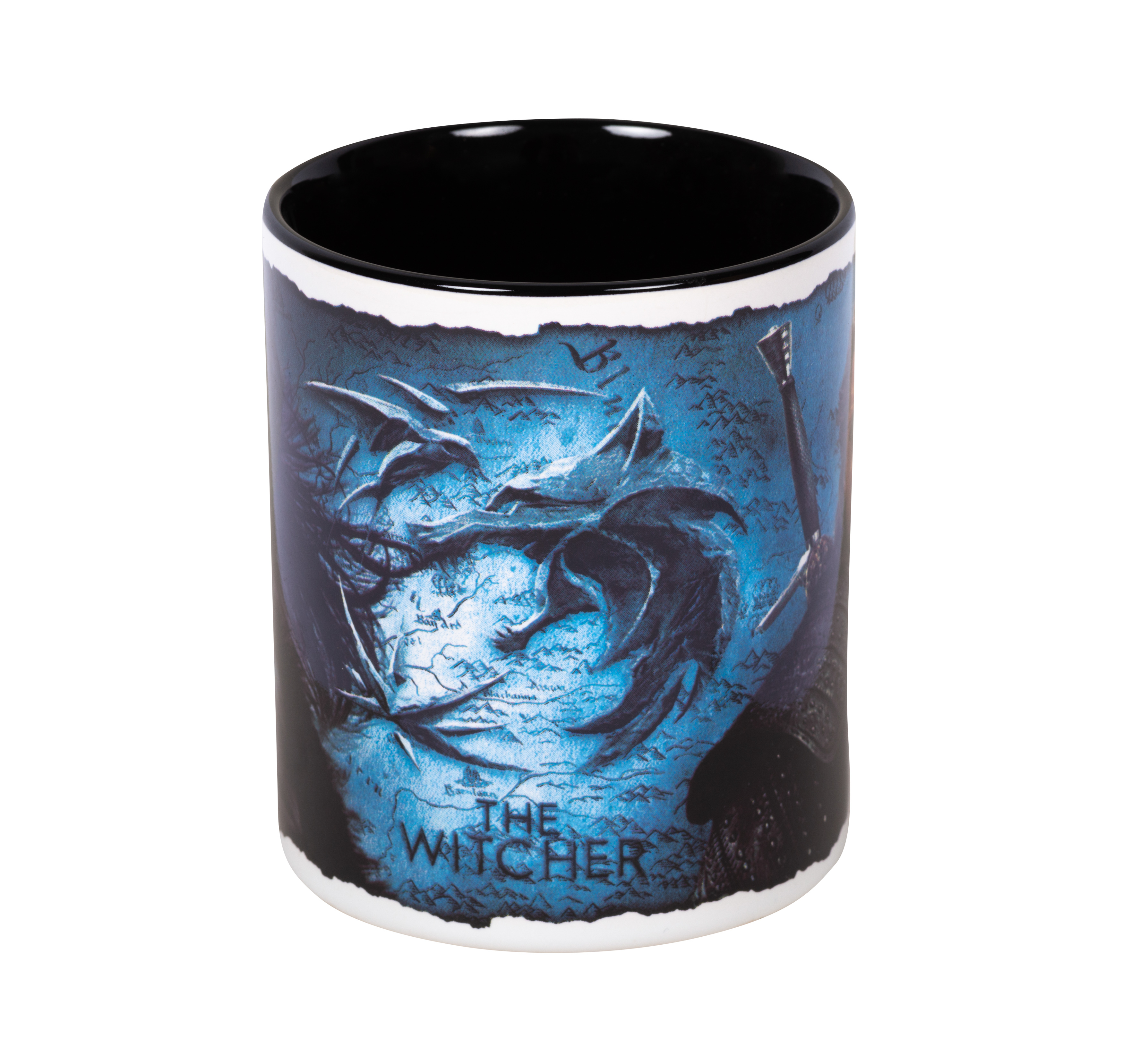 The Witcher-Tasse mit blauer Karte und Witcher-Logo auf weißem Hintergrund.