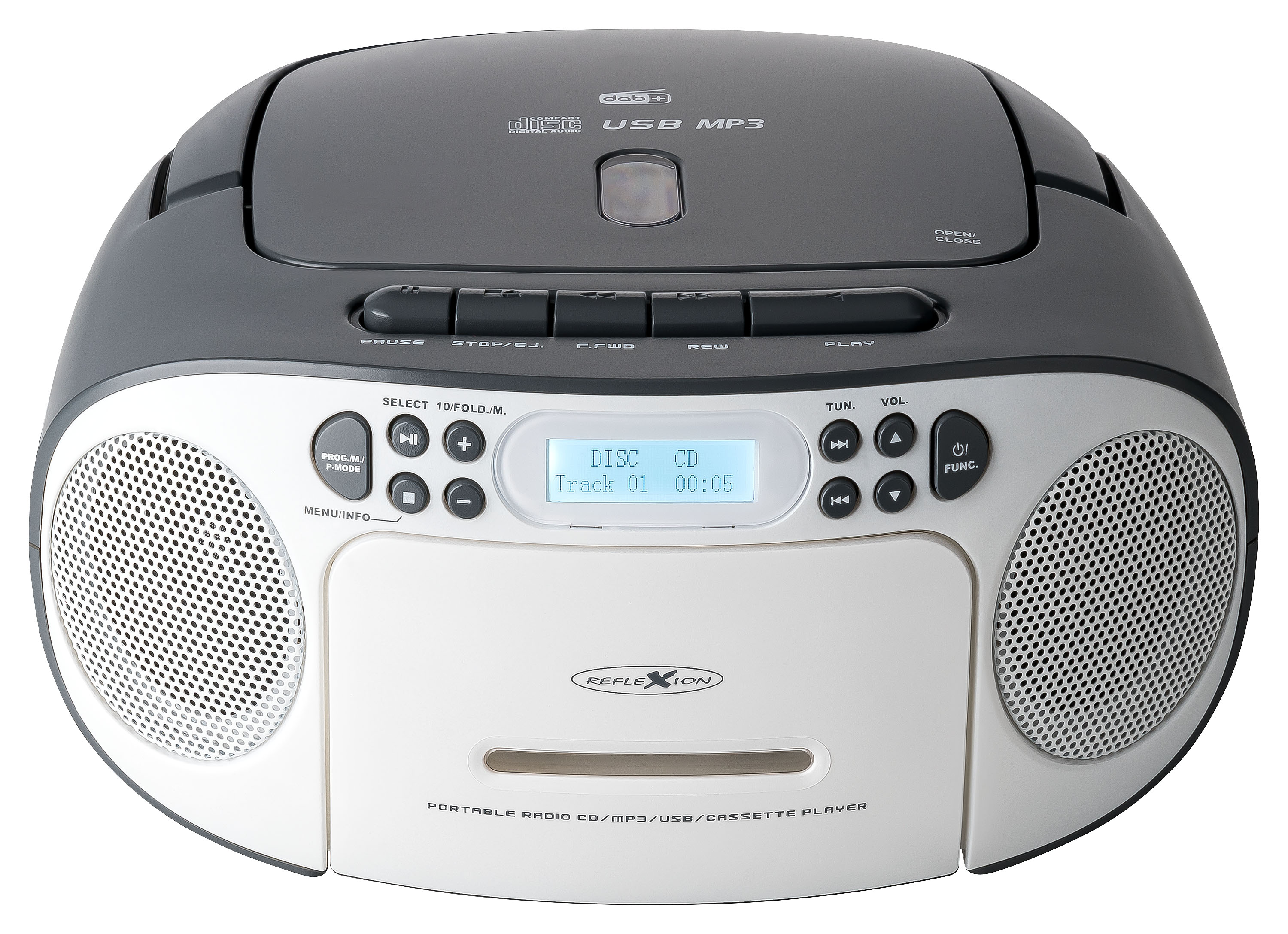 Grau-schwarzer tragbarer Radio-/CD-/MP3-/Kassetten-Player. Weißer Hintergrund.
