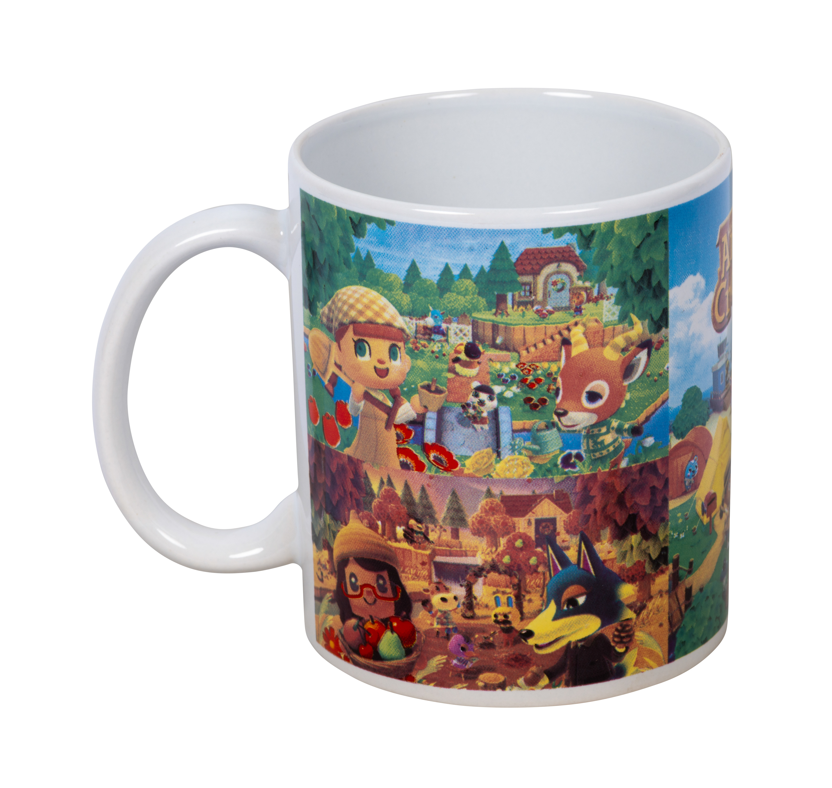 Weißer Becher mit Cartoonfiguren. Buntes Design. Isoliert auf weißem Hintergrund. Kaffeetasse.