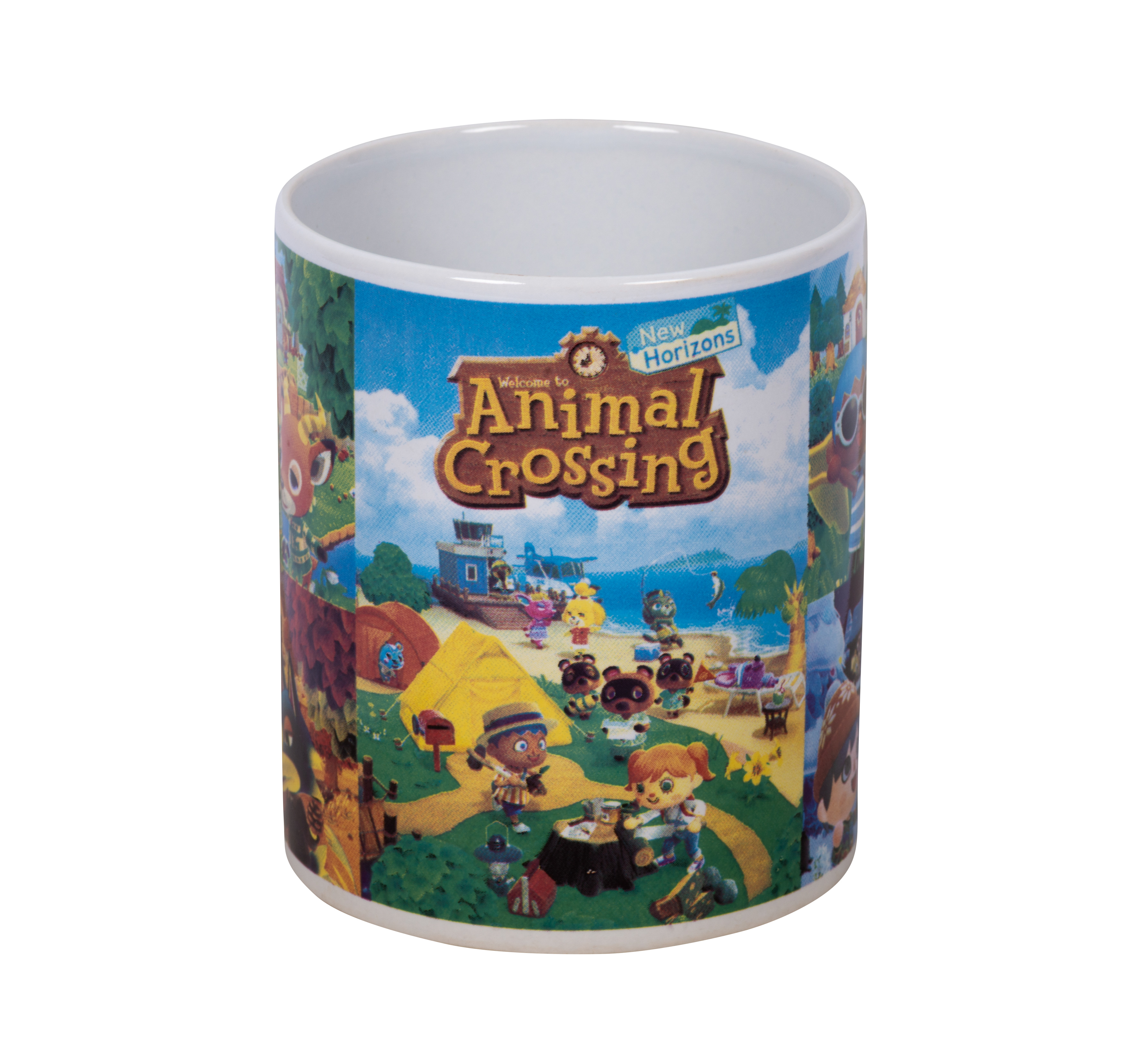 Ein weißer Becher mit Animal Crossing-Charakteren und -Szenen.