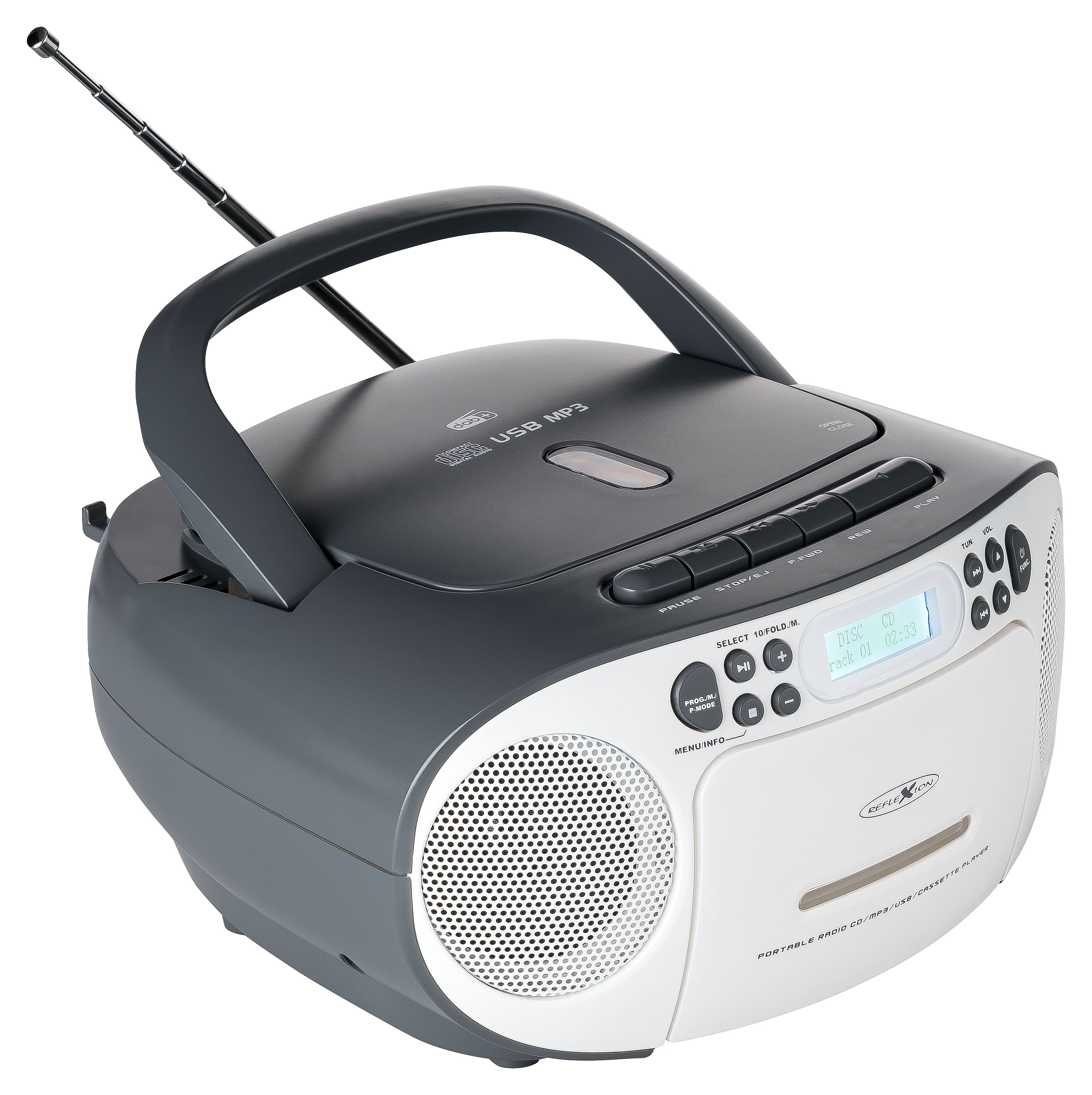 Tragbares CD-Player-Radio, weißes und graues Gehäuse, Antenne oben.