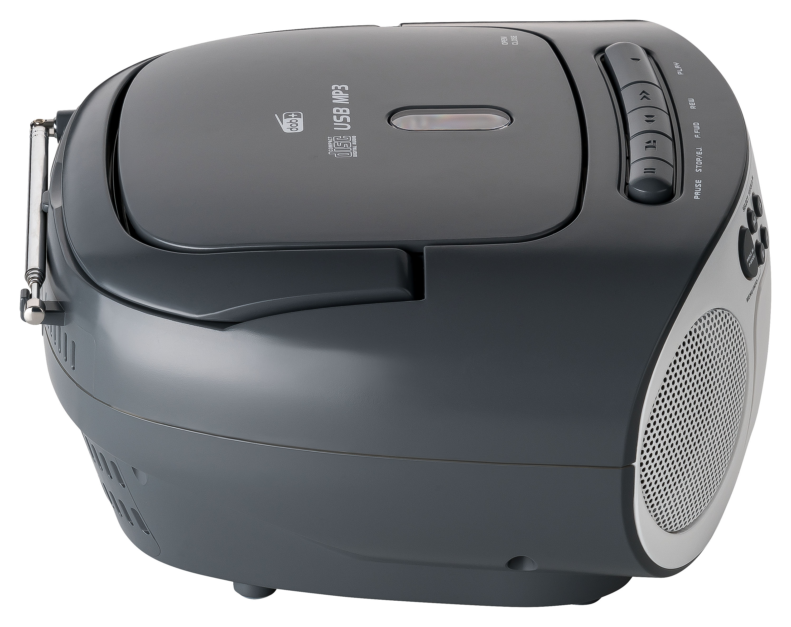 Dunkelgrauer tragbarer CD-Player mit Radio und Bedienelementen. Weißer Hintergrund.