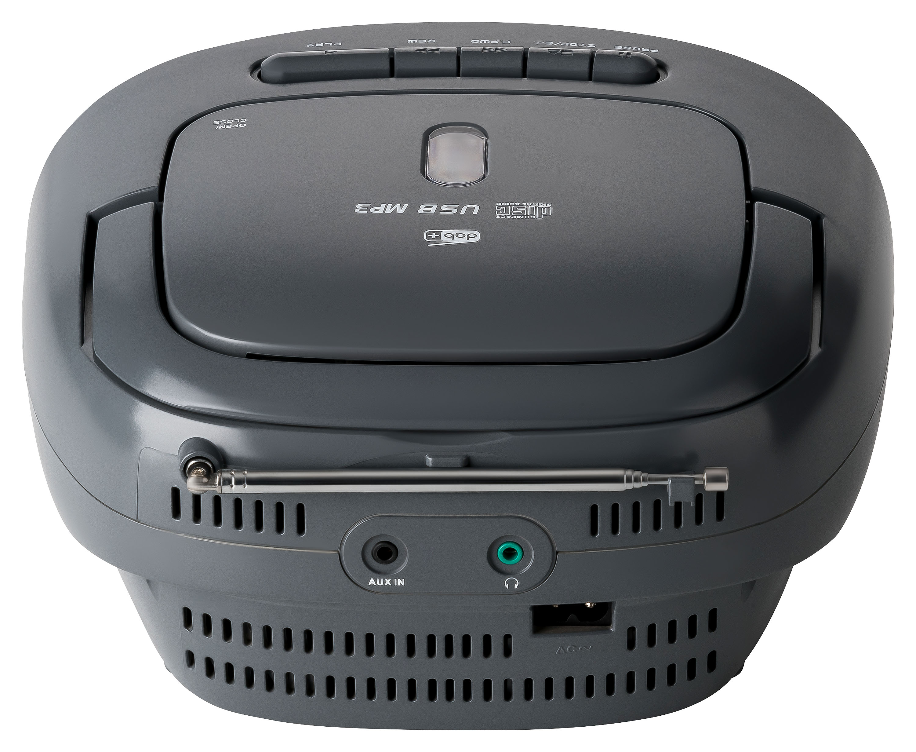 Eine graue Boombox mit Lautsprecher, Knöpfen und Radioantenne.