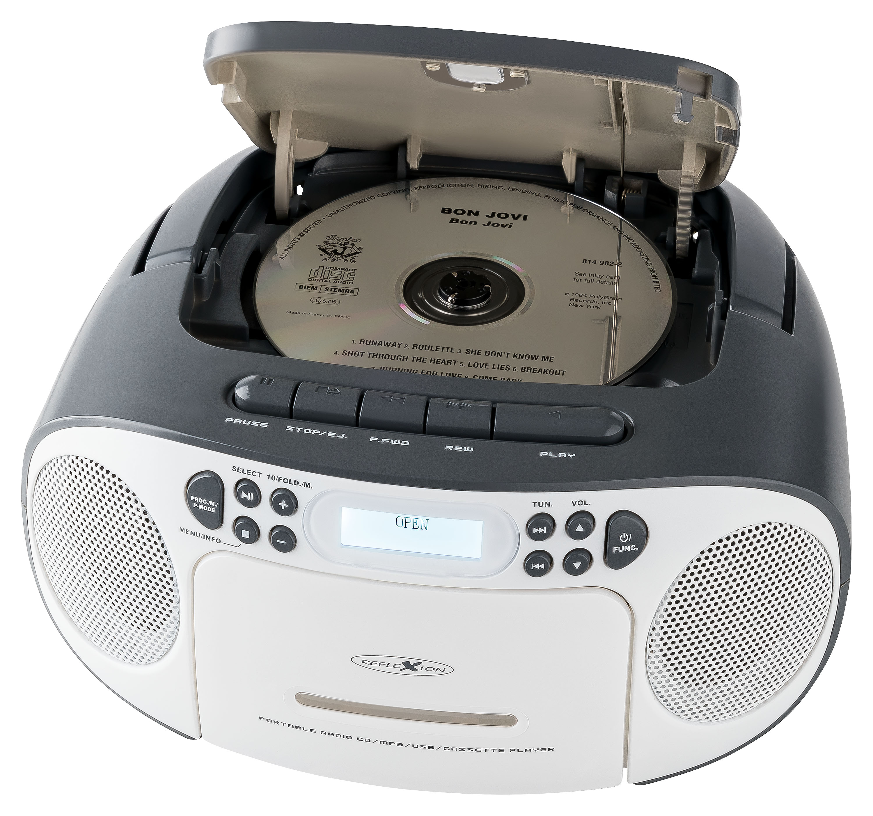 Ein tragbarer CD-Player mit offener CD und einer Bon Jovi-CD darin.
