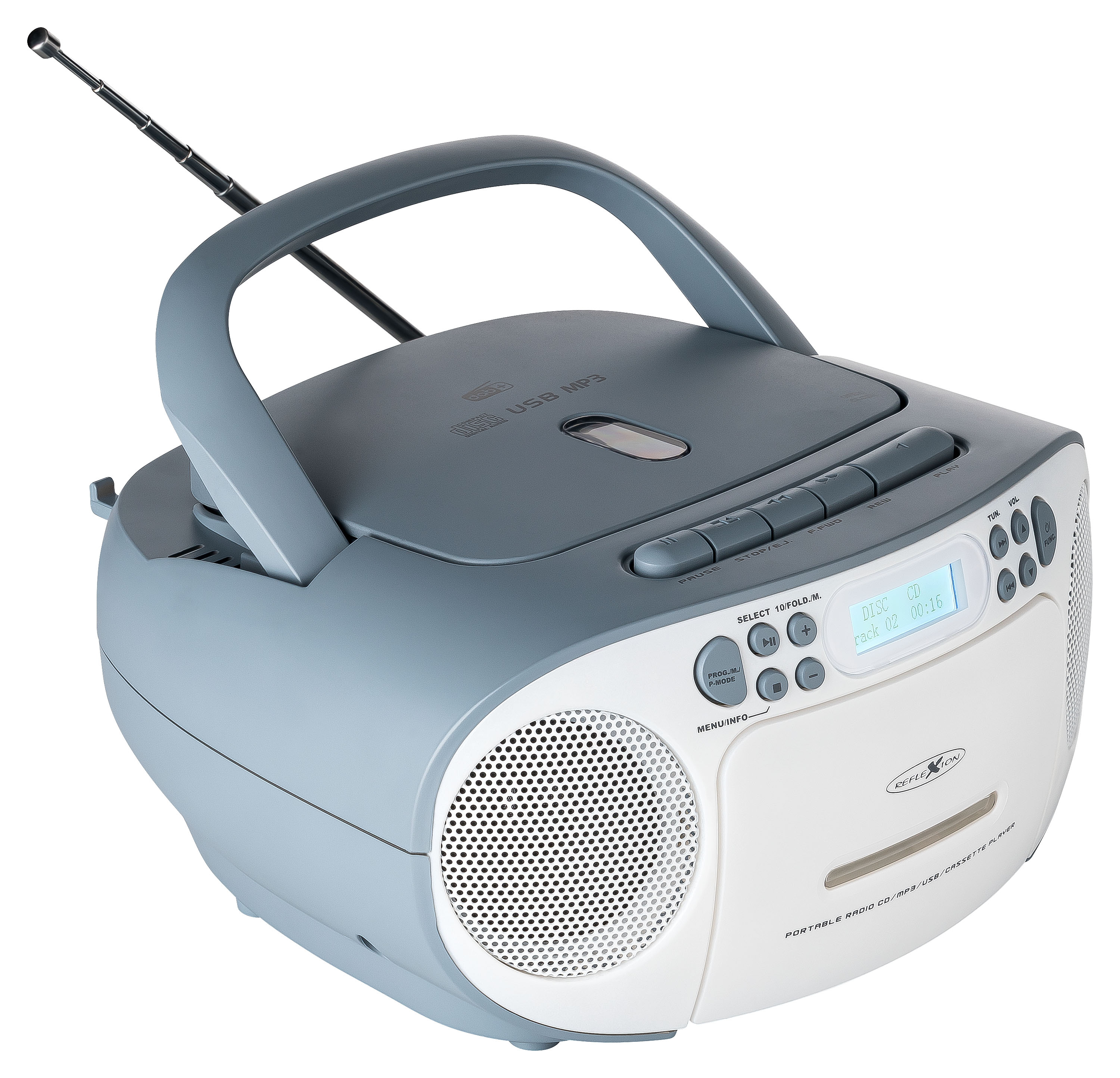 Lecteur CD/radio portable. Corps blanc avec des accents gris, des boutons, une poignée et une antenne télescopique.