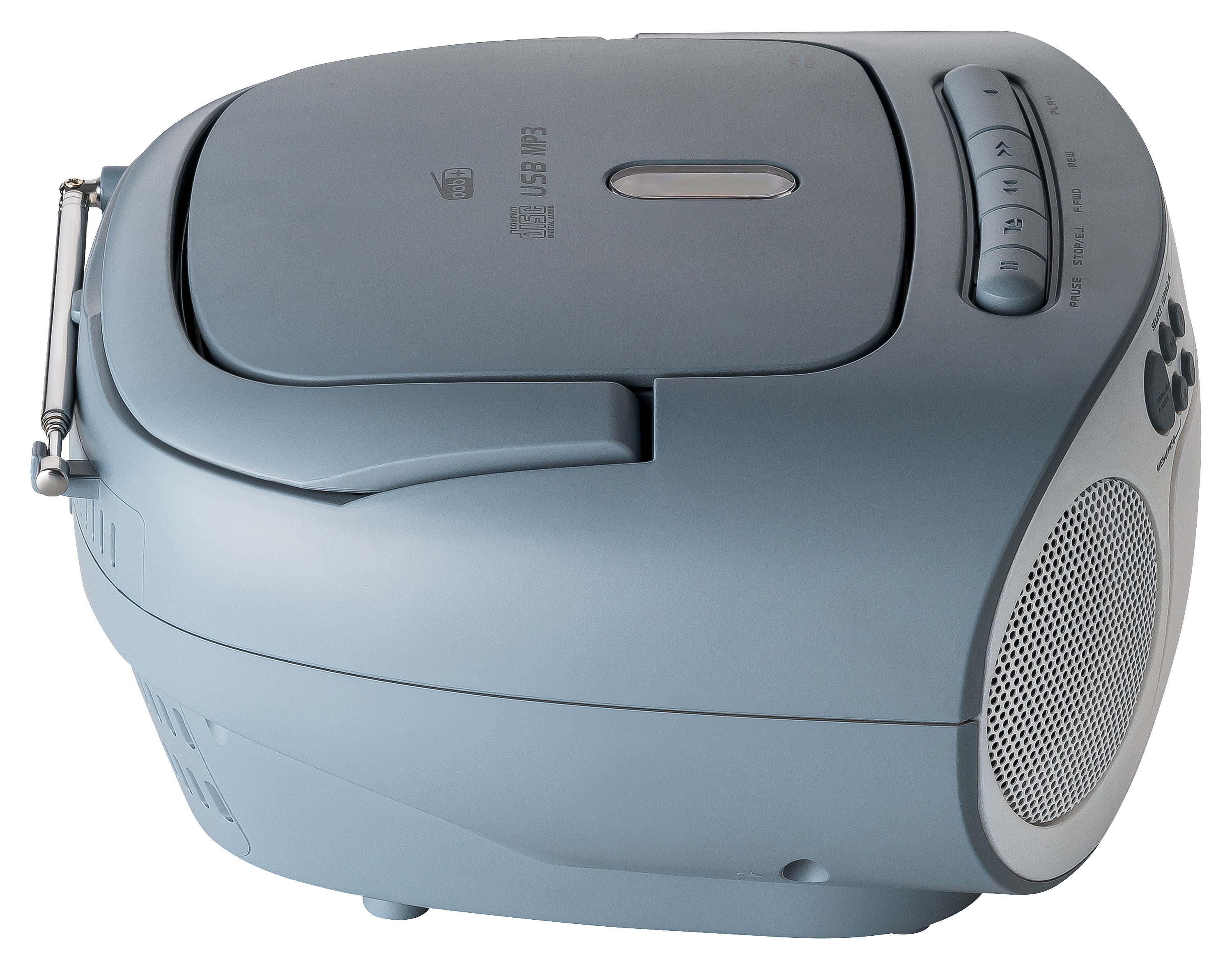 Un lettore CD portatile azzurro con antenna radio, pulsanti di controllo e un altoparlante laterale.