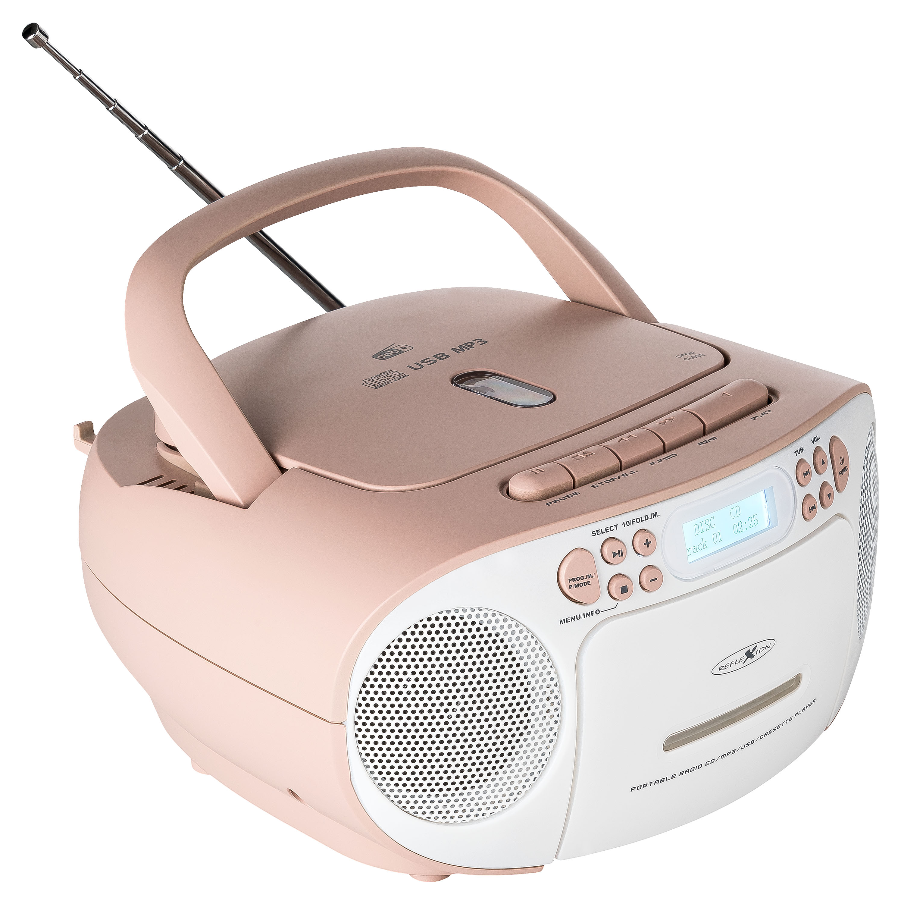 Tragbarer CD-Player in Rosa und Weiß mit Antenne und Griff. Weißer Lautsprecher und Display vorhanden.