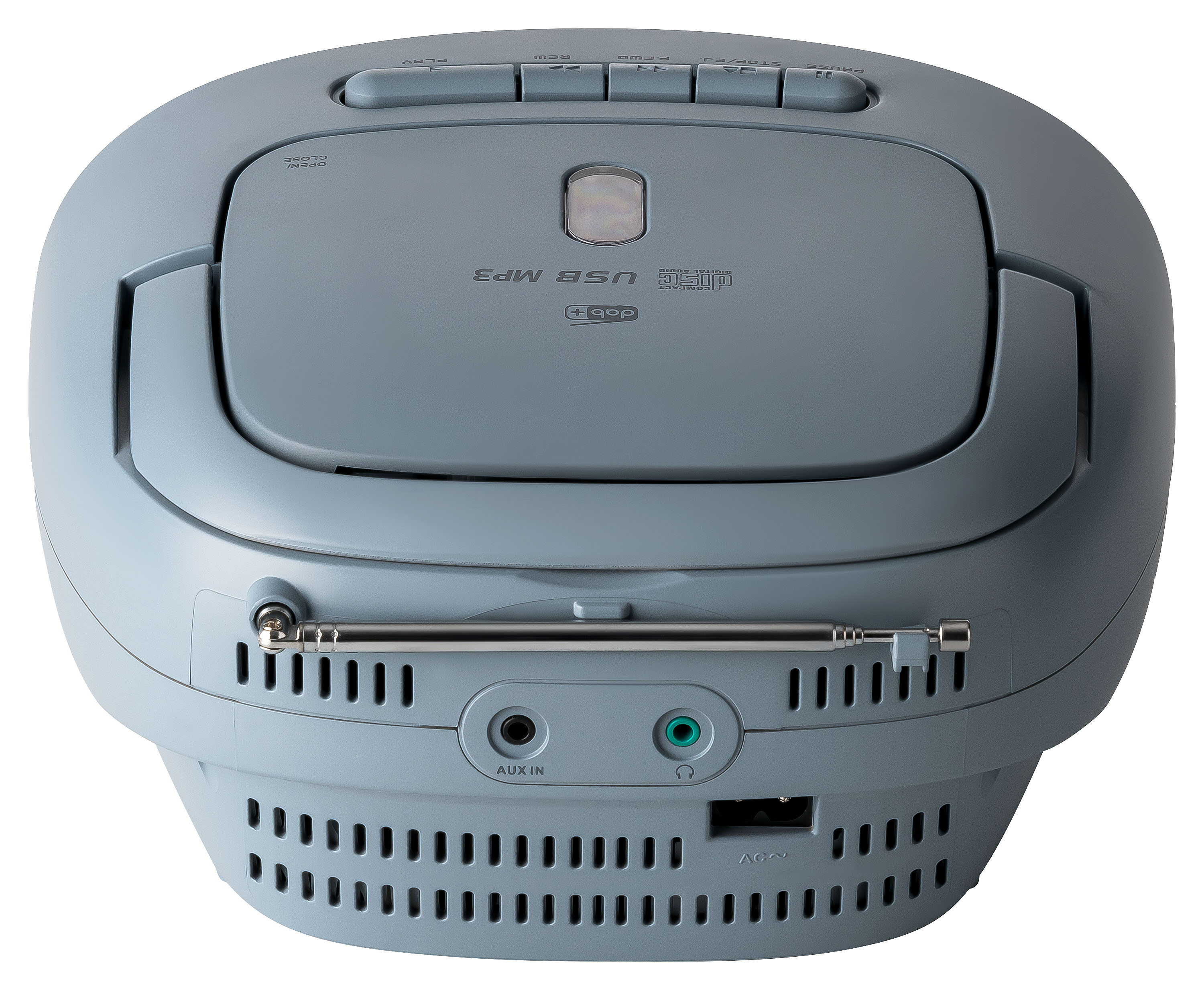 Une radio grise de forme ovale. Elle dispose d'un lecteur CD et d'une antenne. L'arrière comporte des entrées et une grille de haut-parleur.