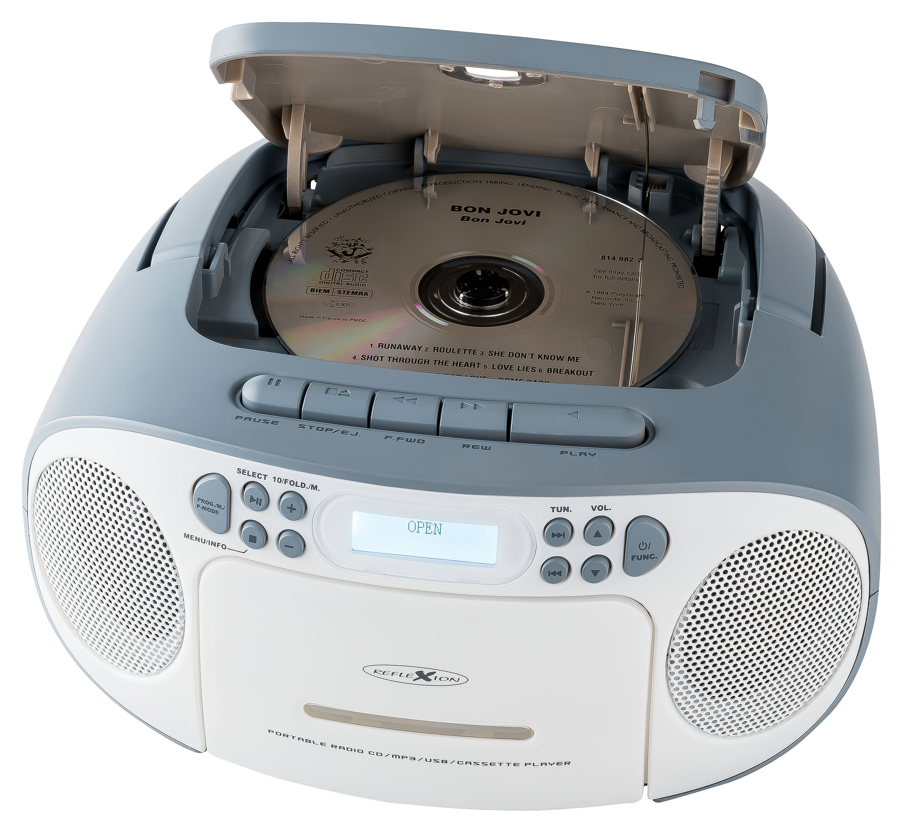 Un lecteur CD avec un CD à l'intérieur. Le lecteur est ouvert, montrant le CD et quelques boutons de commande.