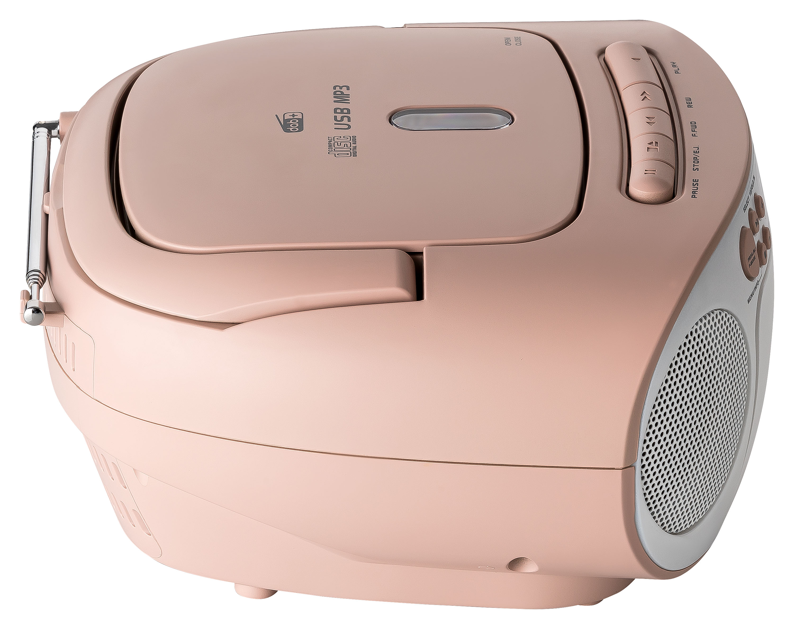 Un lecteur CD rose avec une antenne radio et des boutons de commande. L'étiquette USB/MP3 est visible.