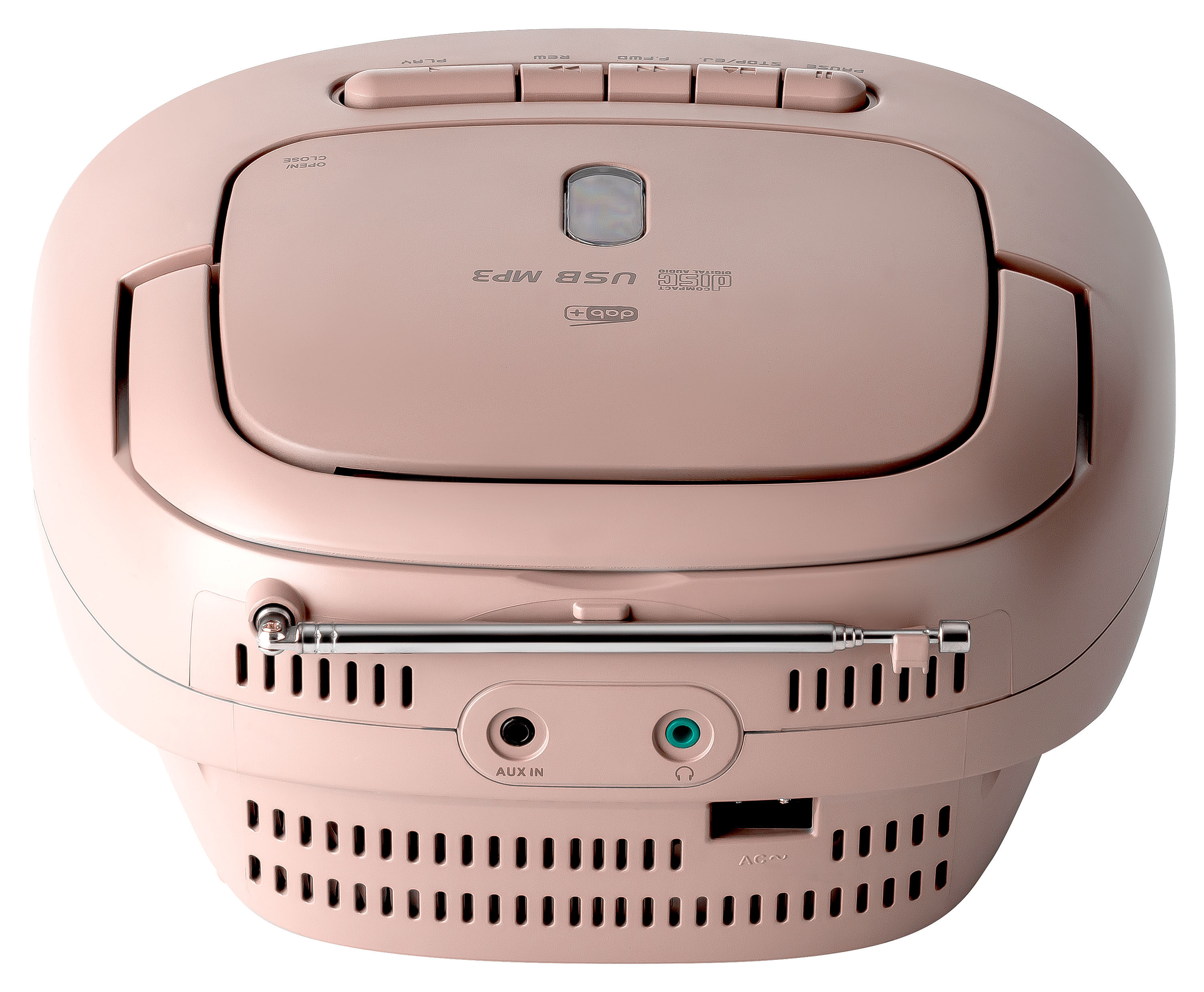 Un lecteur CD rose avec radio, boutons et le logo USB MP3 sur fond blanc.