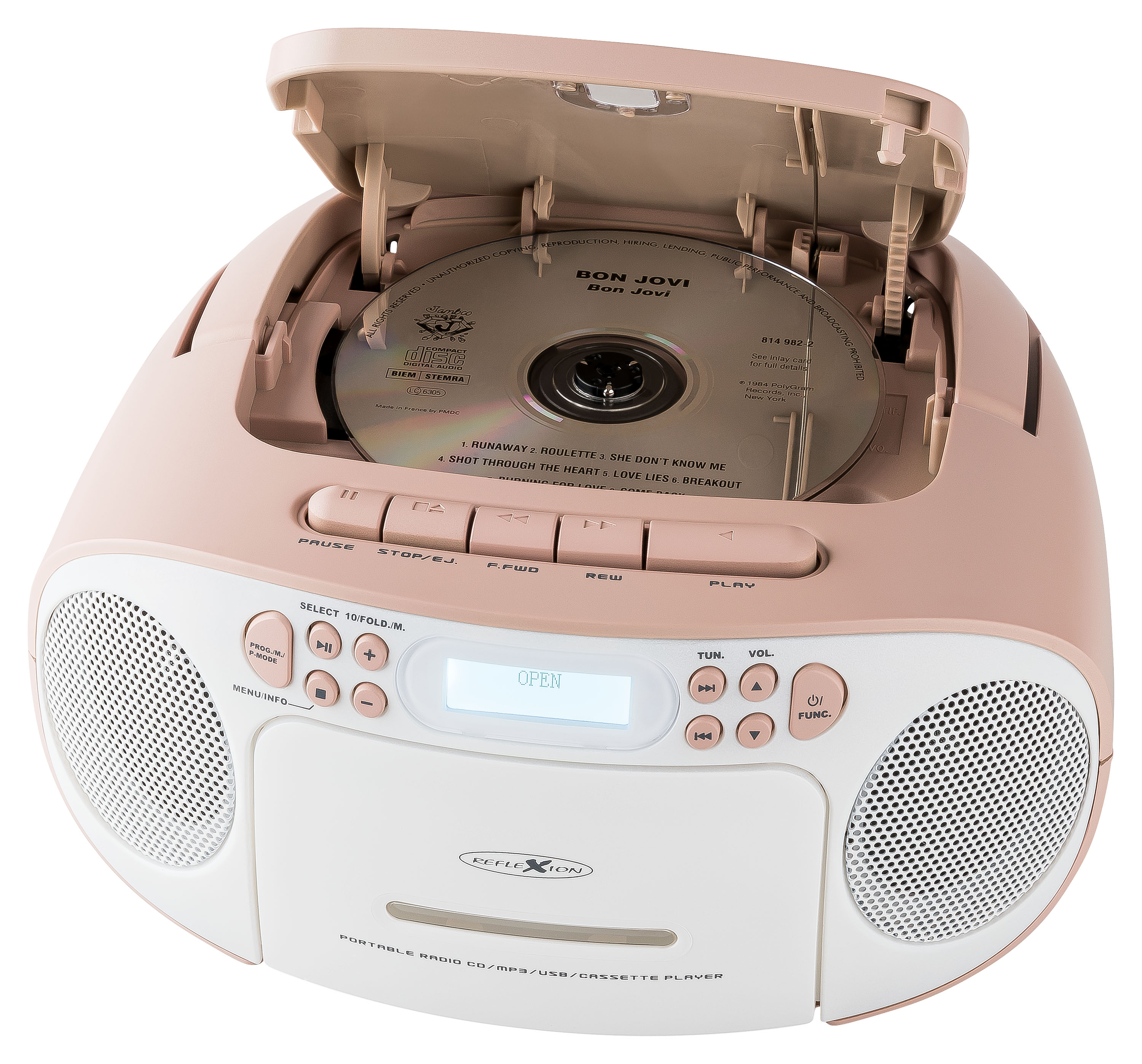 Un lecteur CD portable rose et blanc avec un CD à l'intérieur et divers boutons.