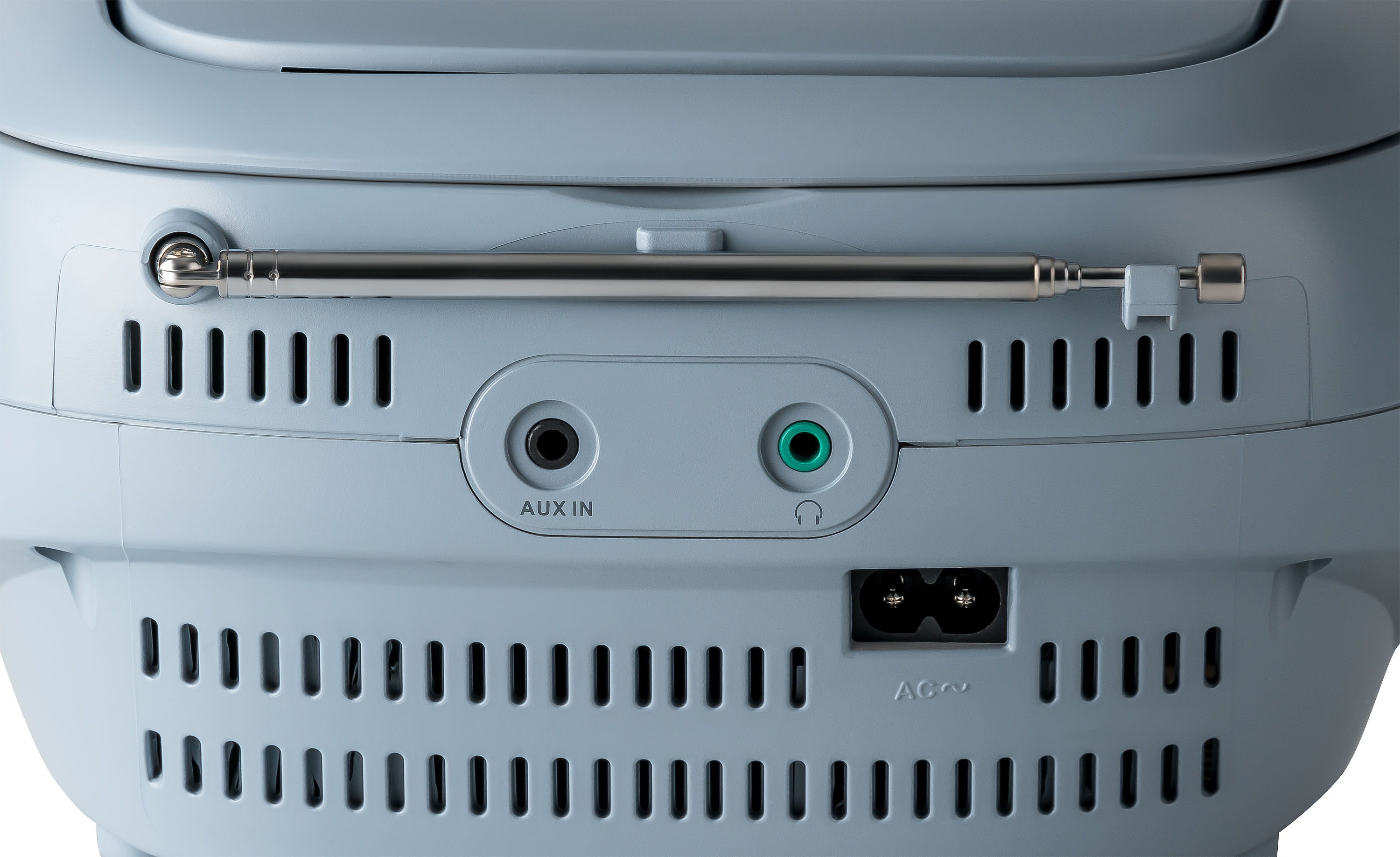 Retro radio azzurra con ingressi aux, cuffie e porte AC.