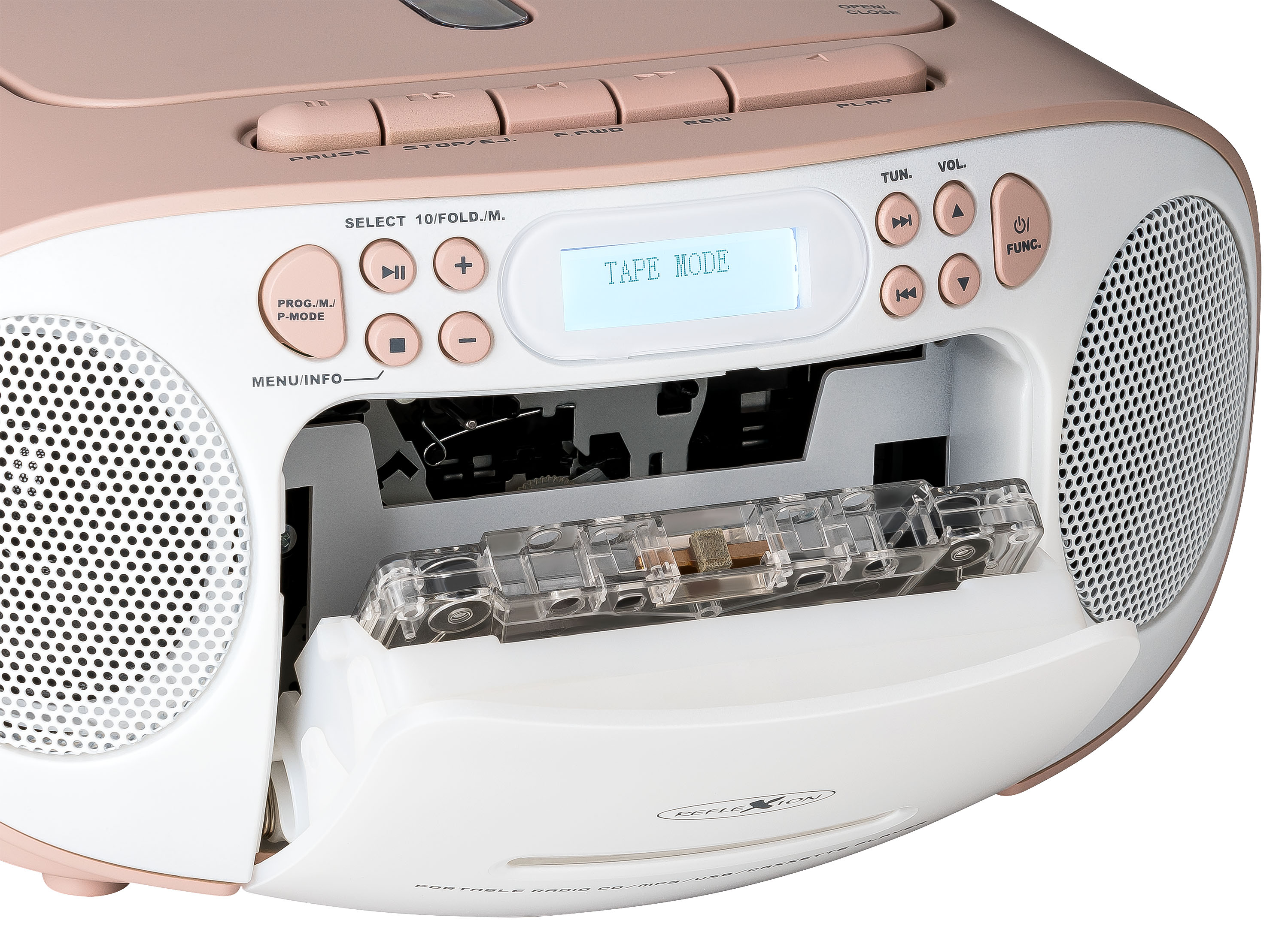Eine rosa-weiße Boombox mit einer Kassette darin.