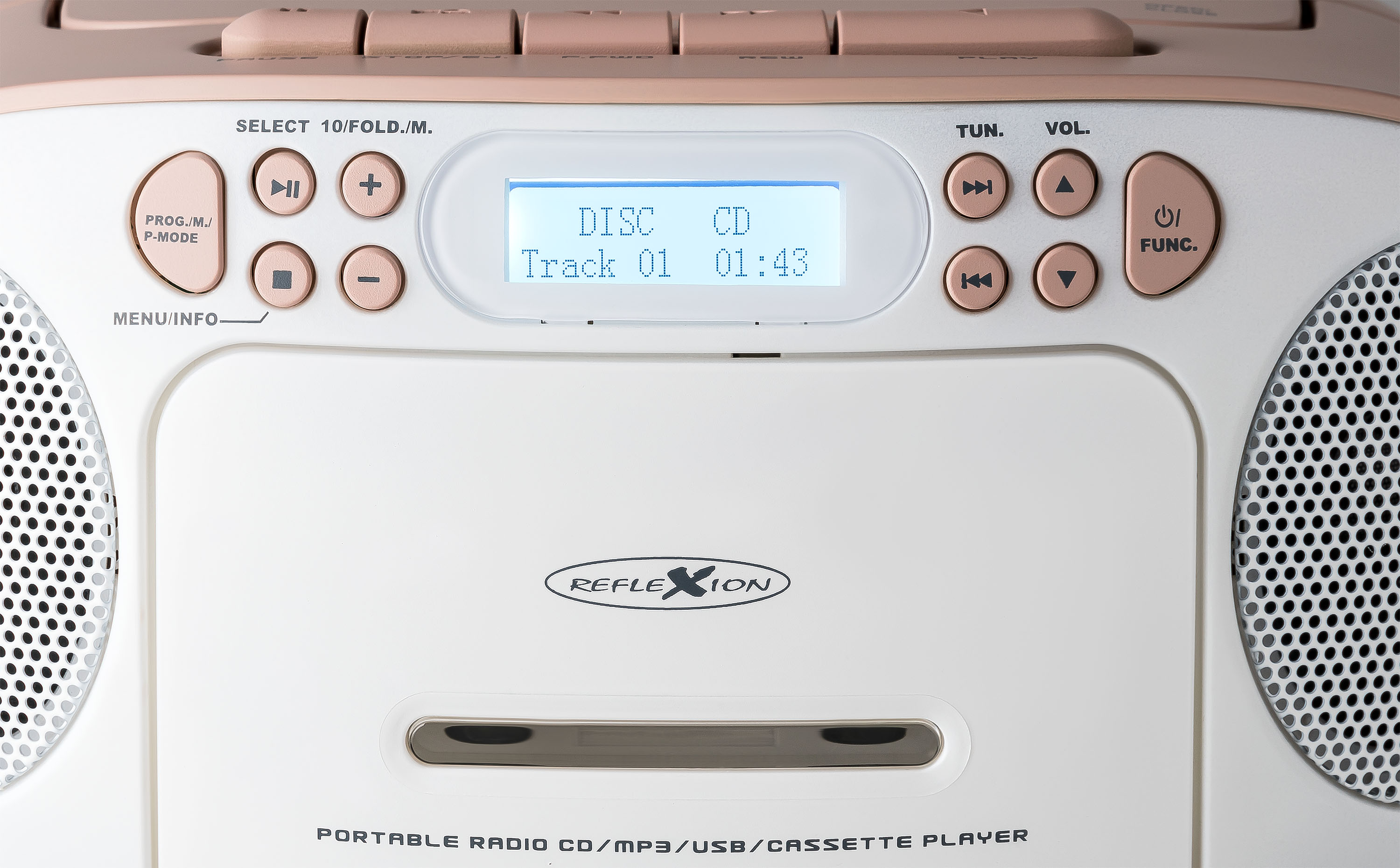 Weißer und rosa tragbarer Radio-CD/MP3-Player mit Knöpfen und Display, das Disc- und Titelinformationen anzeigt.
