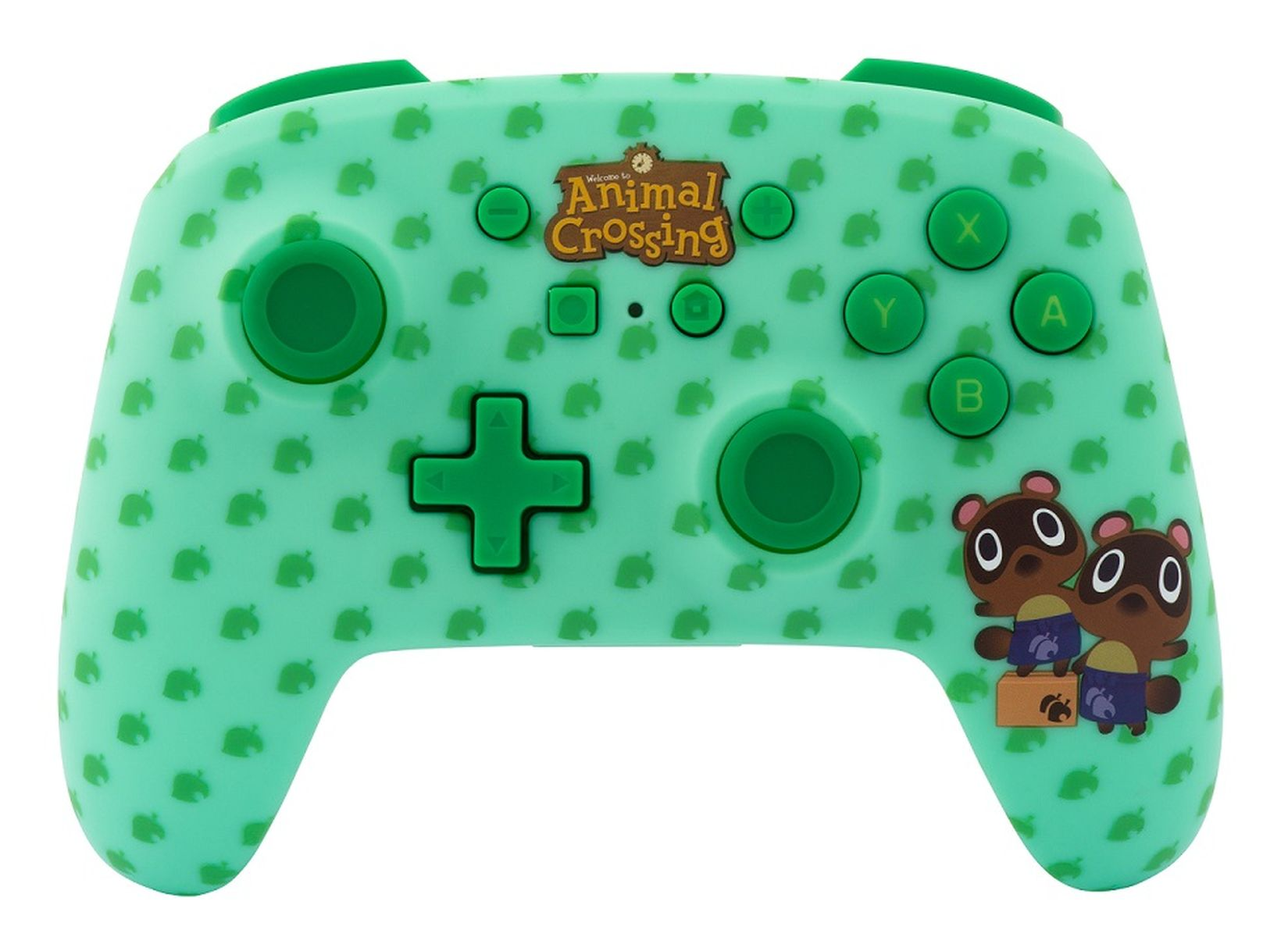Animal Crossing Nintendo Switch Controller mit grünen Blättern und Tom Nook Charakteren.