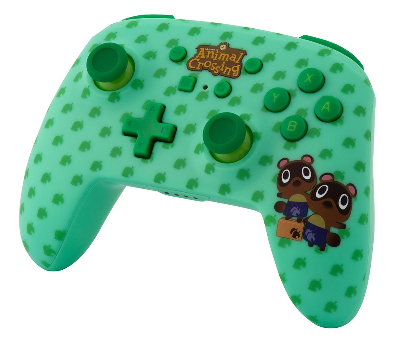Grüner Nintendo Switch-Controller mit Animal Crossing-Motiv. Es hat viele Tasten und zwei Cartoon-Charaktere.