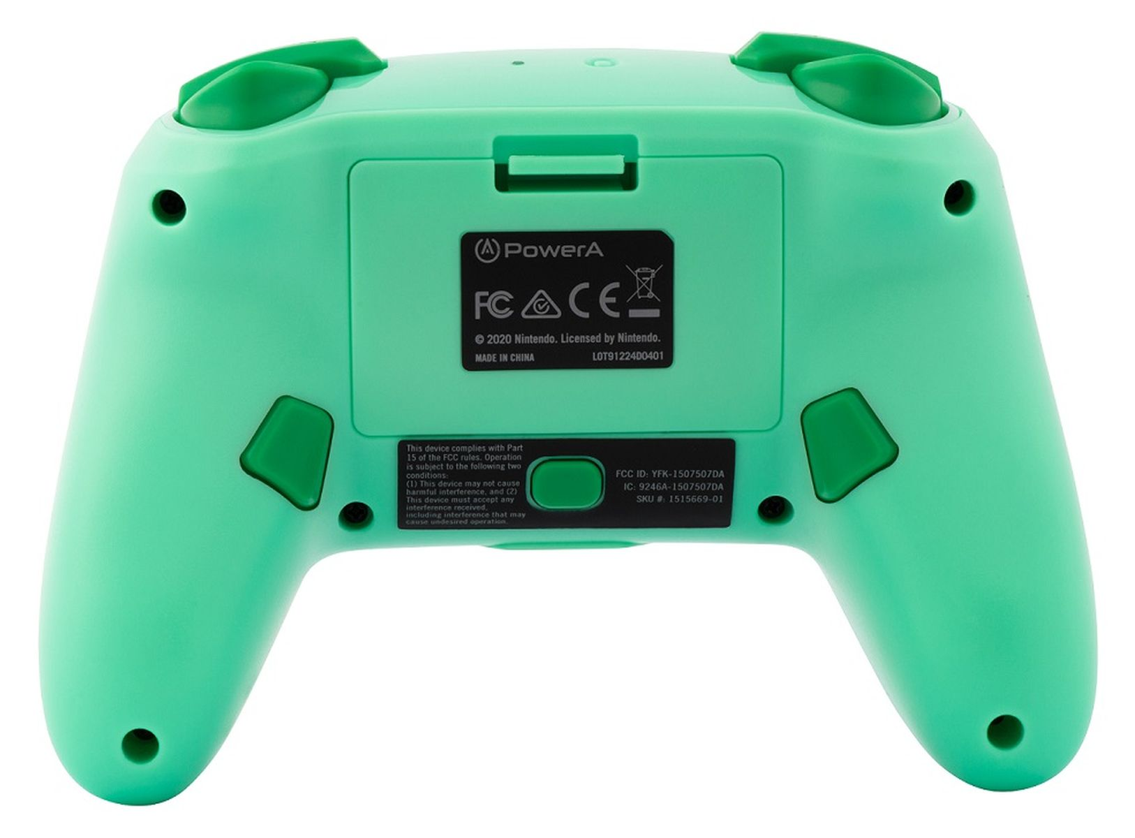 Grüner Gamecontroller, Rückansicht, mit Knöpfen und Logo. Weißer Hintergrund.