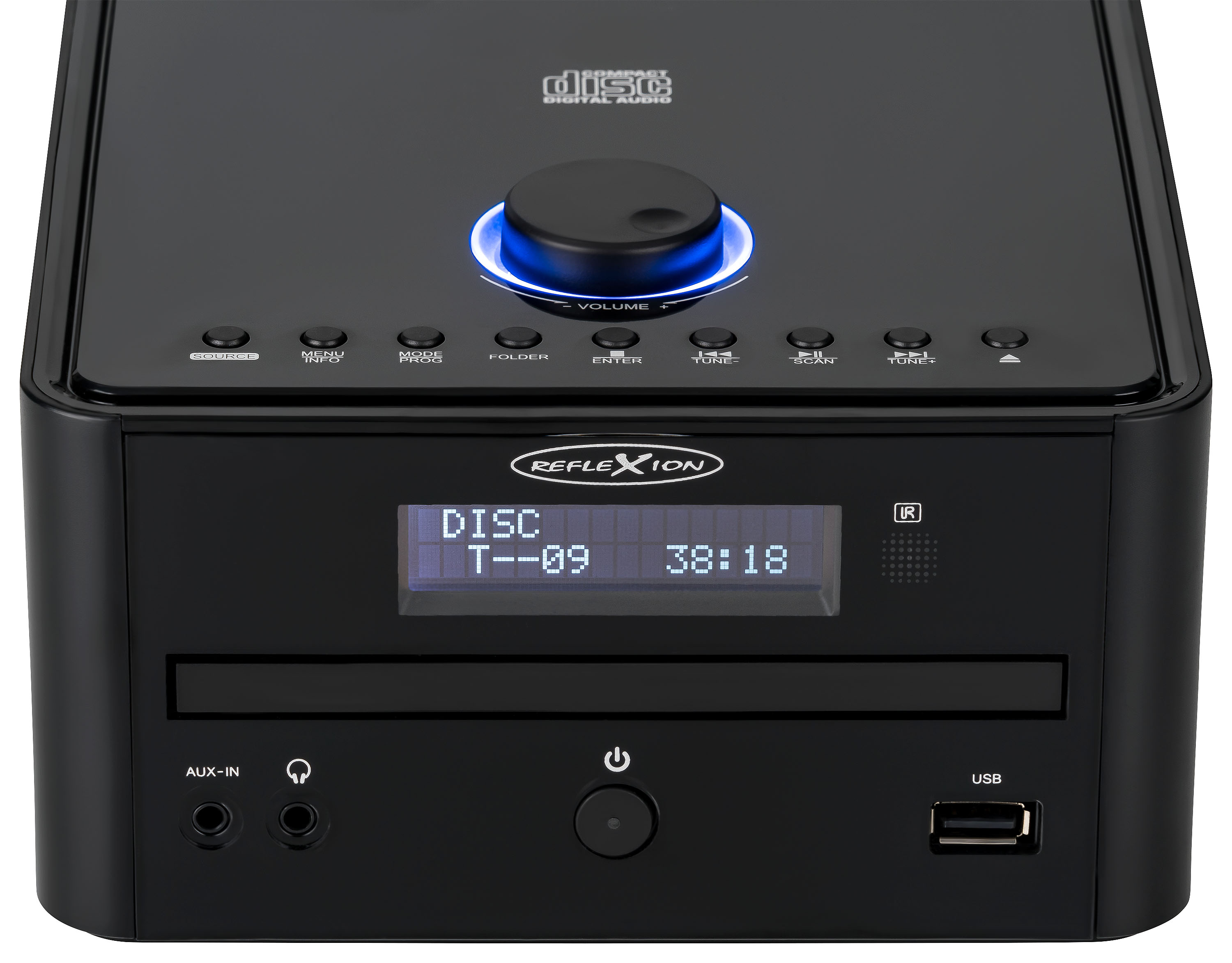 Schwarze Stereoanlage mit CD-Player und Display, mit verschiedenen Knöpfen.