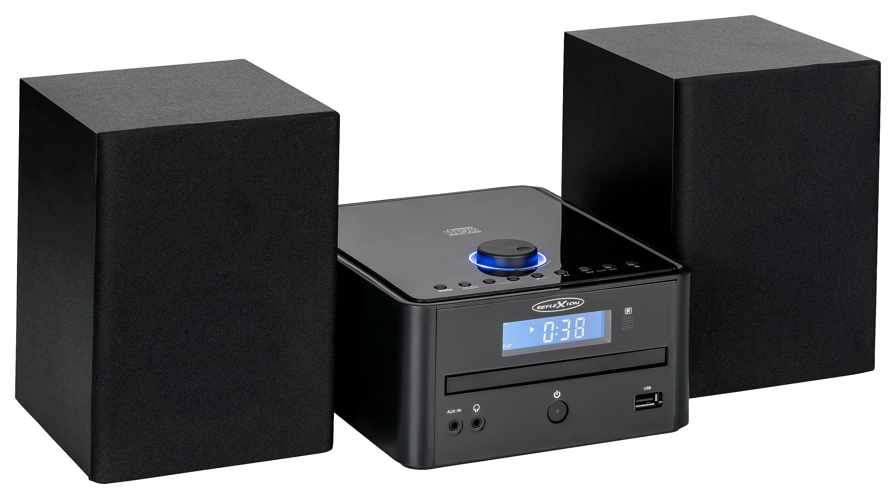 Schwarze Stereoanlage mit zwei Lautsprechern und einer Zentraleinheit mit CD-Player und Display.