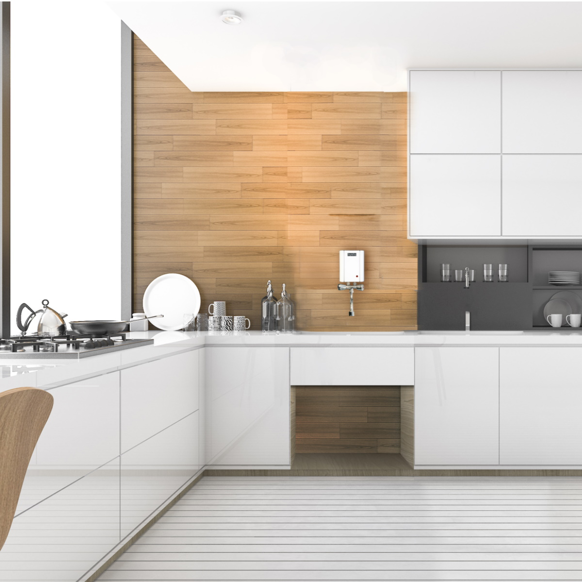 Moderne weiße Küche mit Holzverkleidung, Herd, Kessel und Flaschen.