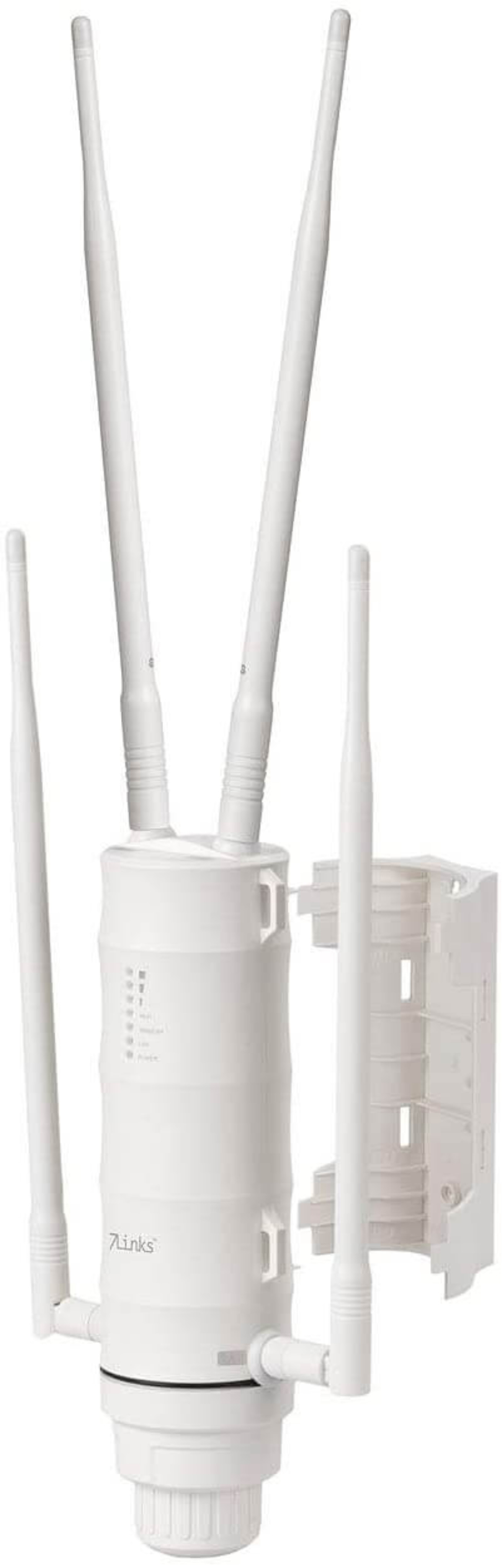 Weißer Outdoor-WLAN-Zugangspunkt mit drei Antennen und Montagehalterung.