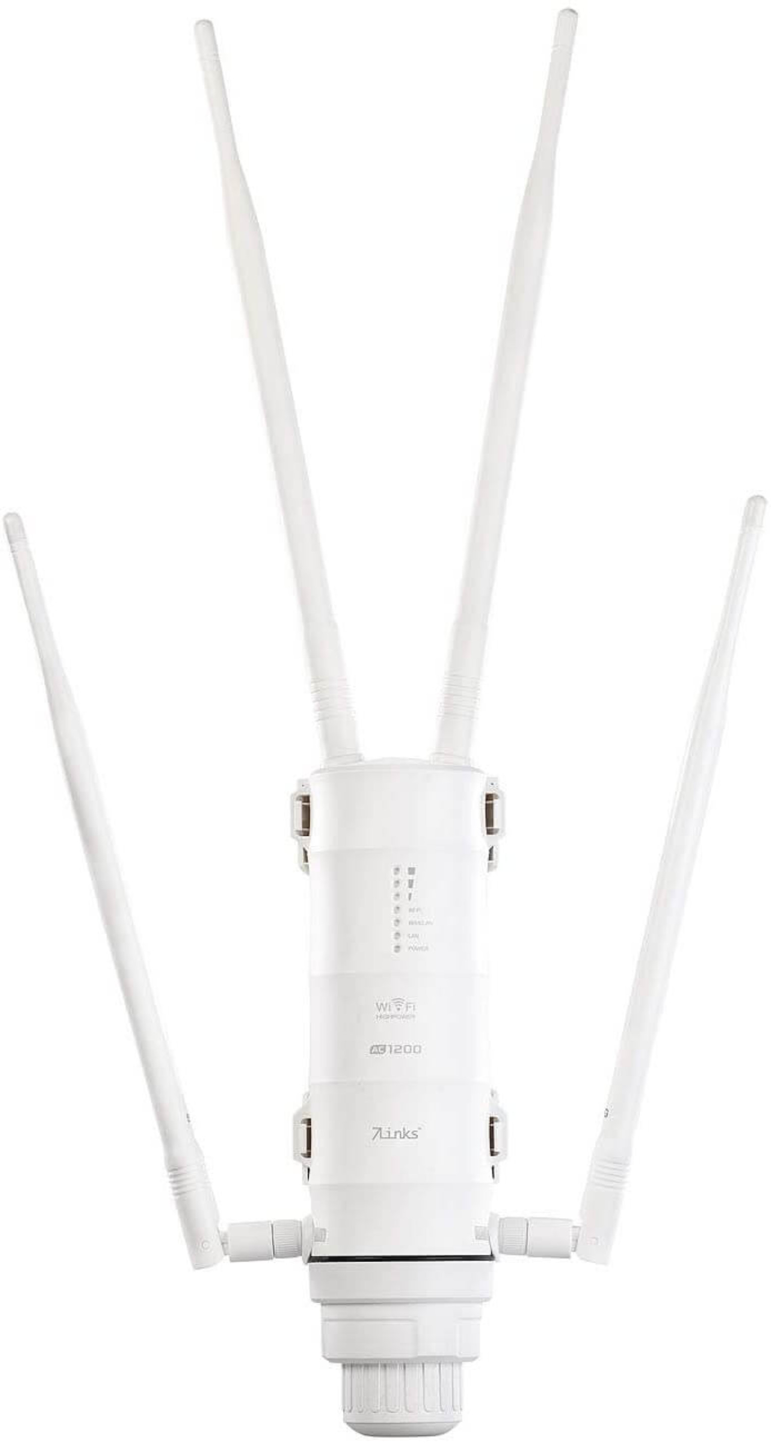 Ein weißer WLAN-Router mit vier Antennen. Er hat einen zylindrischen Körper und einen weißen Hintergrund.
