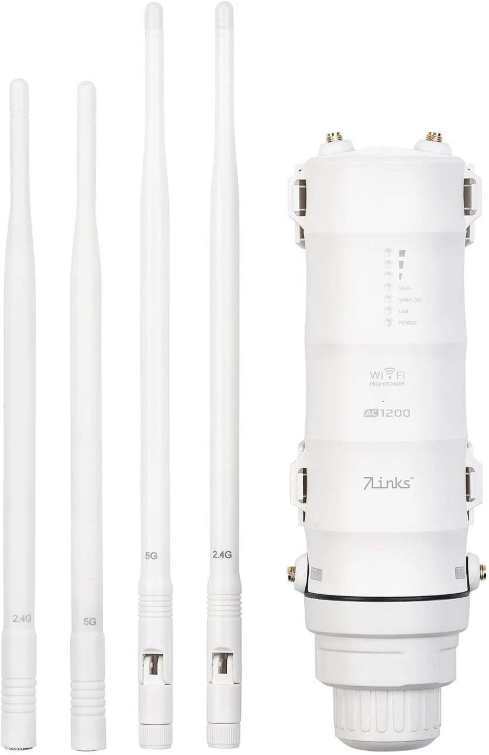 Weißer WLAN-Router mit Antennen. 4 Antennen links. Weißer Hintergrund.
